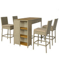 5 Piece Wicker Outdoor Bar Set, Acacia Wood Outdoor High Top Table and Chairs with 3 Tier Shelves, Cushions, Brown TryTrendly
