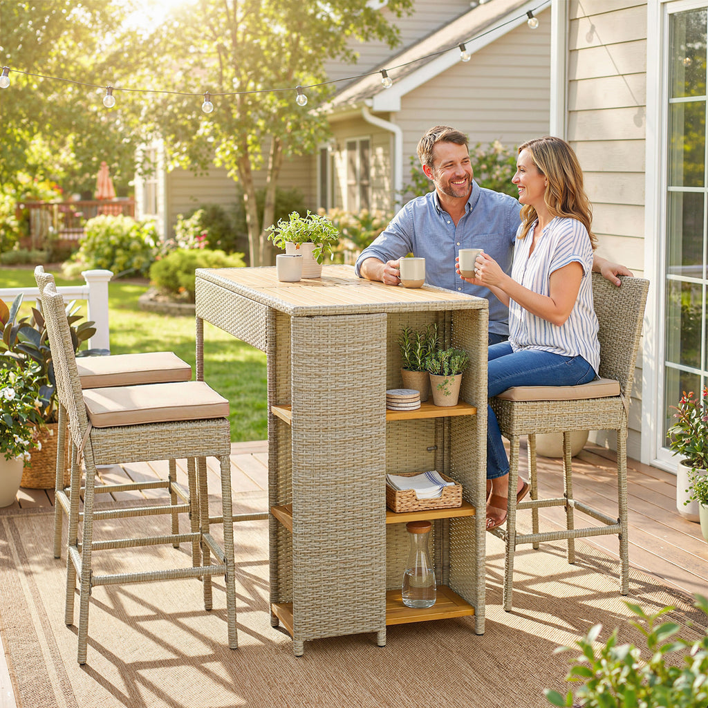 5 Piece Wicker Outdoor Bar Set, Acacia Wood Outdoor High Top Table and Chairs with 3 Tier Shelves, Cushions, Brown TryTrendly