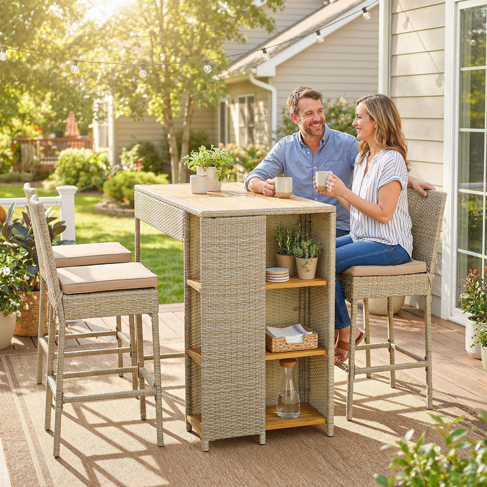 5 Piece Wicker Outdoor Bar Set, Acacia Wood Outdoor High Top Table and Chairs with 3 Tier Shelves, Cushions, Brown TryTrendly