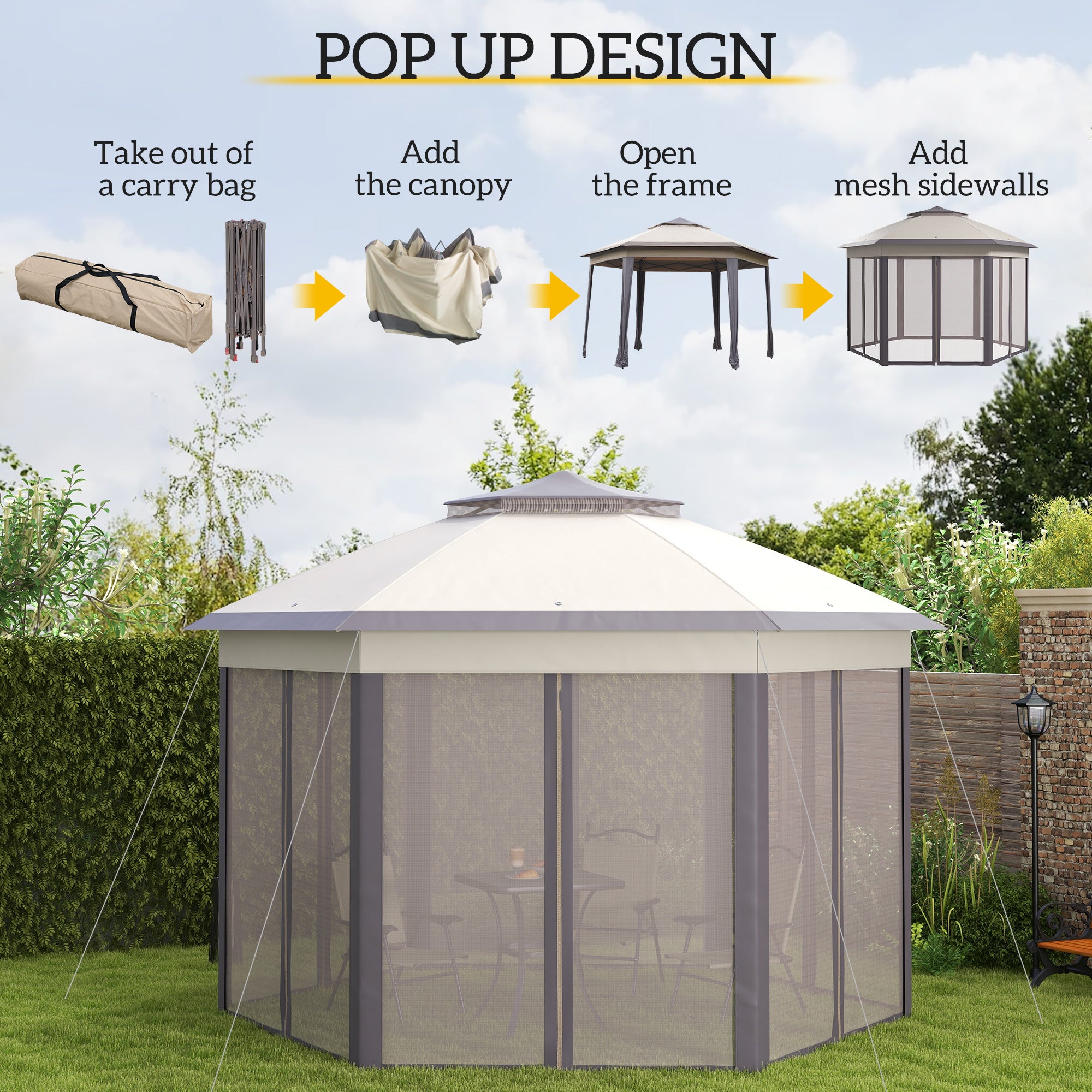 13' x 13' Pop Up Gazebo Hexagonal Canopy Shelter with 6 Zippered Mesh Netting for Patio Backyard Garden Wedding Party TryTrendly