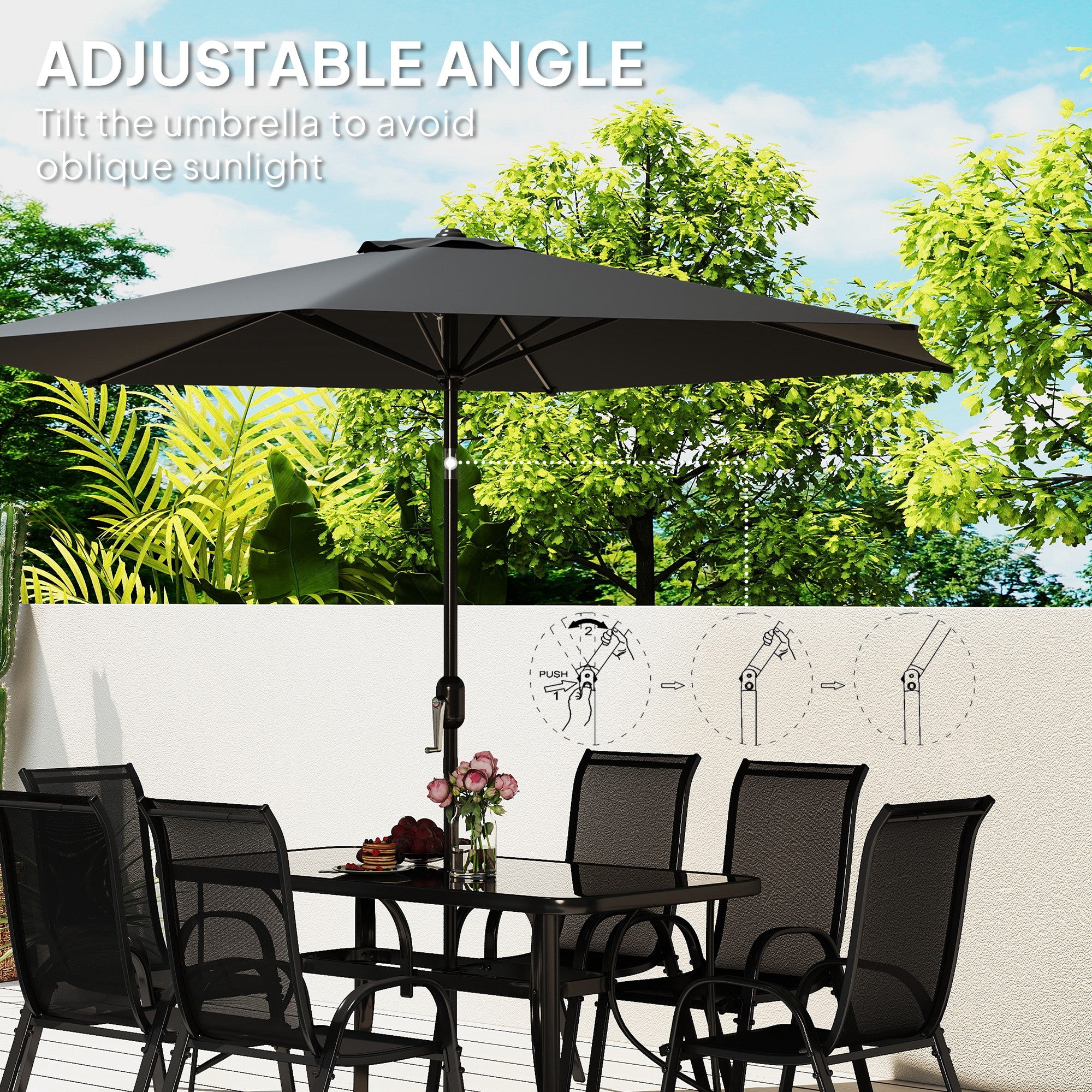 8 Pieces Patio Furniture Set with 9Ft Patio Umbrella, Outdoor Dining Table and Chairs, Black TryTrendly