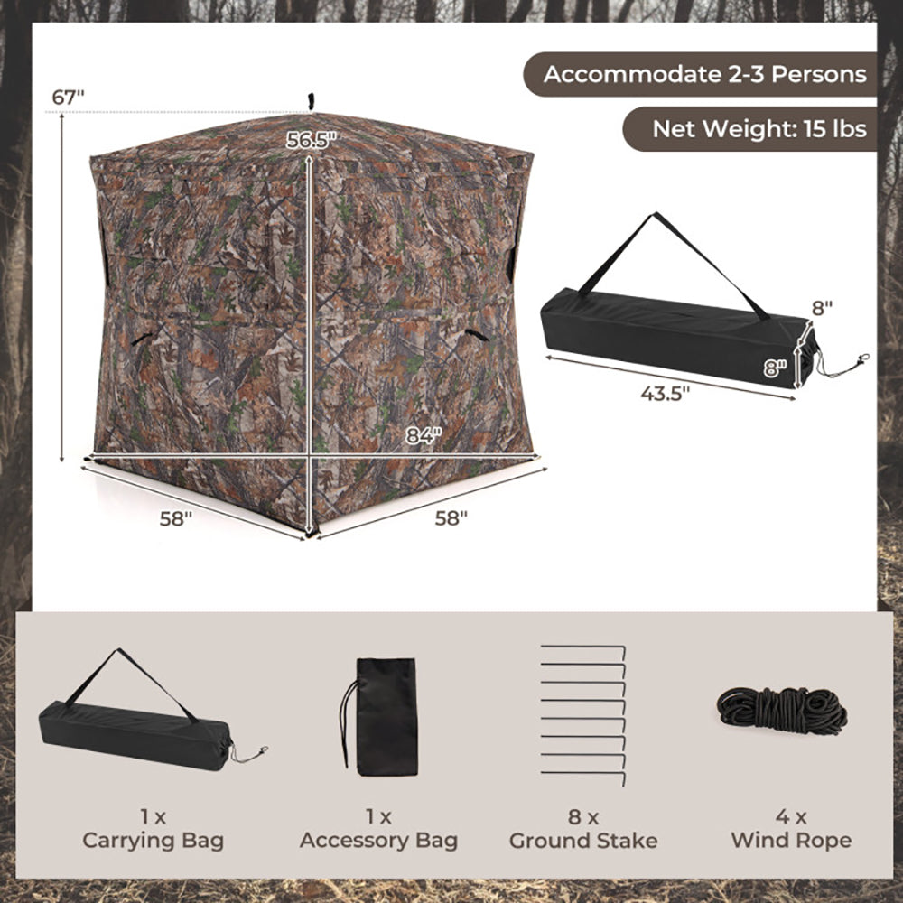 Hunting Blind 360 Degree One-Way See-Through Ground Blind For 2-3 Person TryTrendly