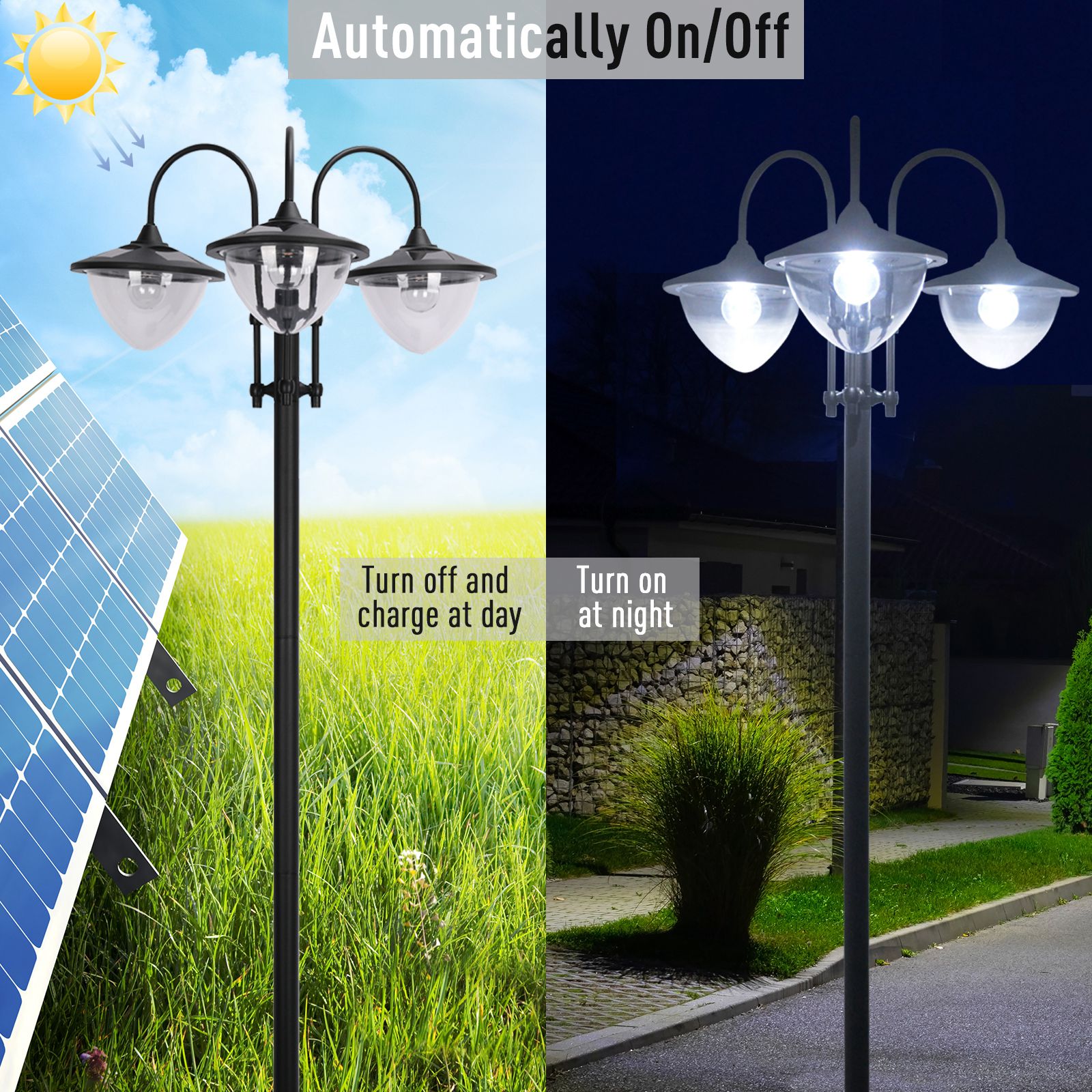 74.5" 3-head Solar Lamp Post Street Light with Planter, Solar Pole Lights Outdoor Waterproof LED Lighting for Backyard Pathway Patio Lawn Driveway Decor, Black TryTrendly