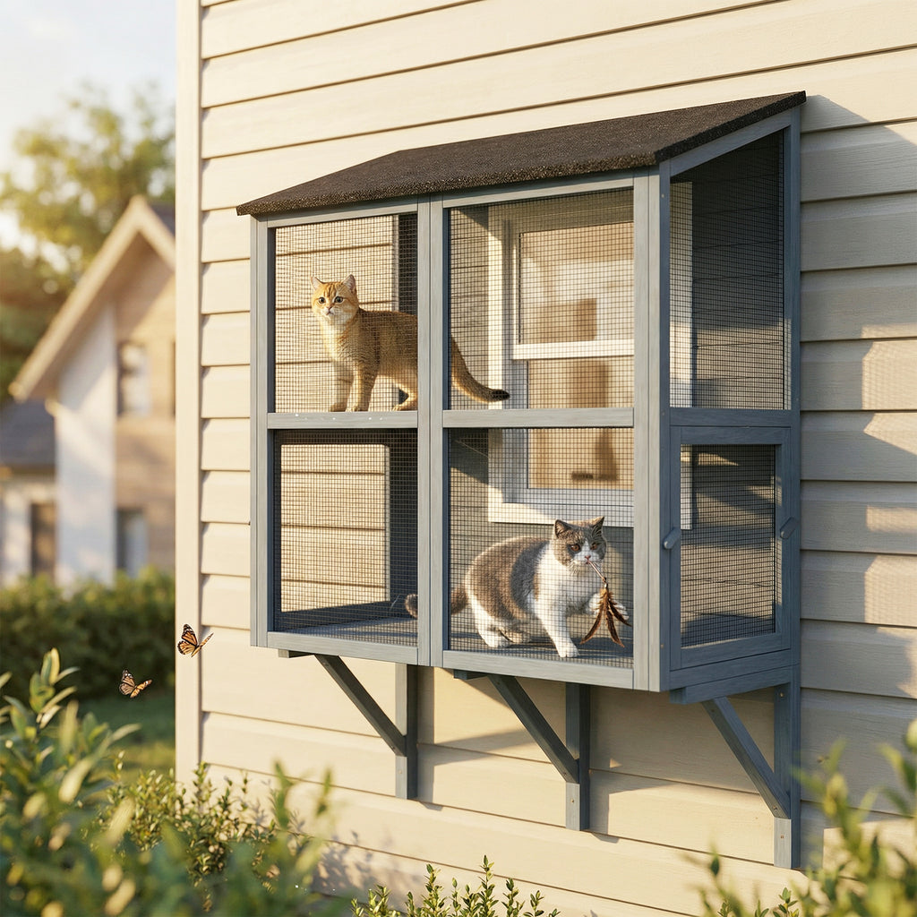 Catio Outdoor Cat Enclosure Outdoor Window Box Cat House with Waterproof Roof 39.4"L Gray TryTrendly