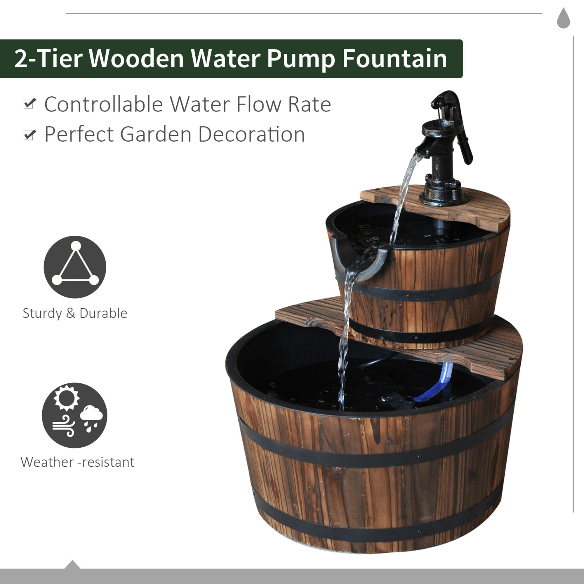 Wood Freestanding Fountain with 2 Tier Waterfall Barrel, Electric Pump for Garden Decor, Lawn, Backyard TryTrendly