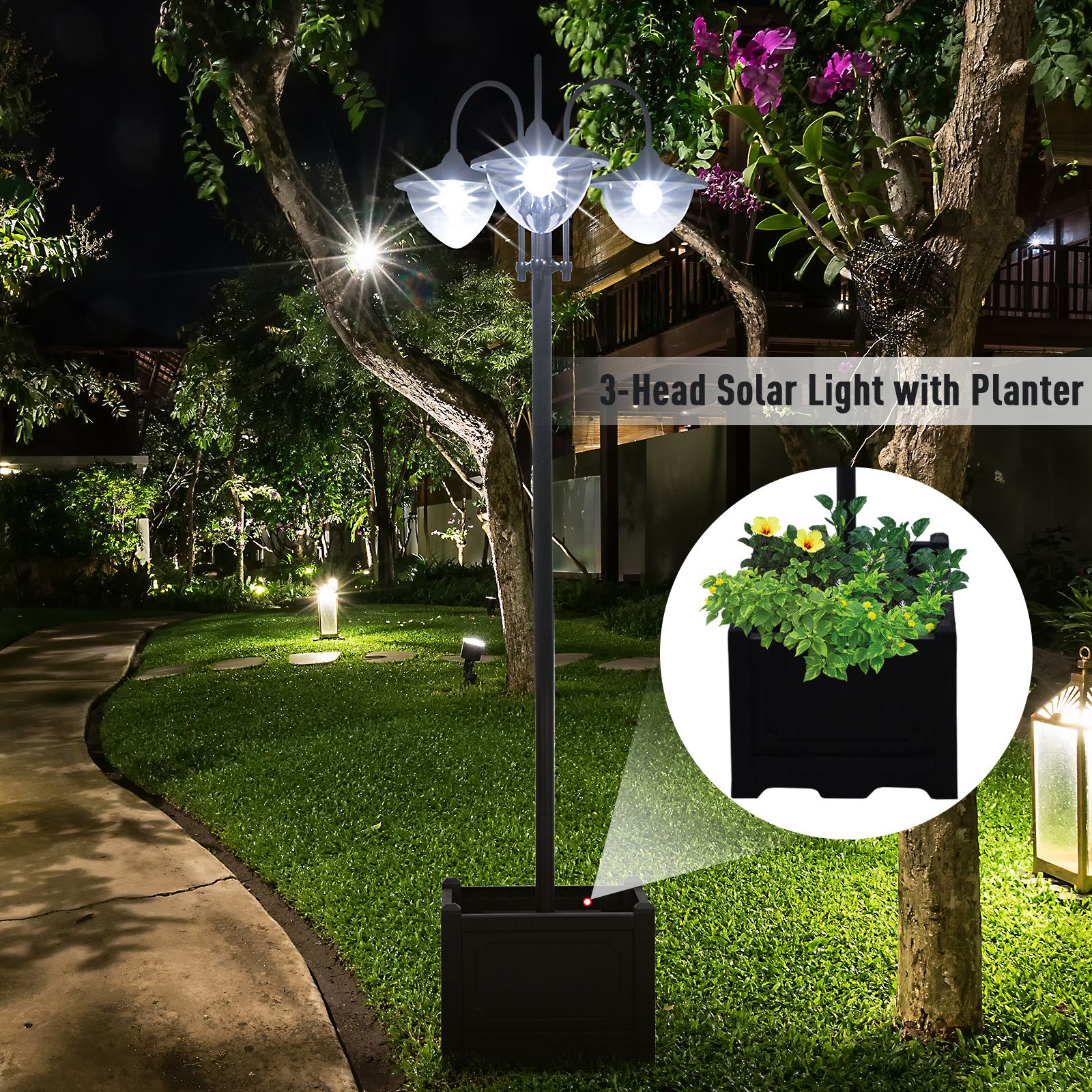 74.5" 3-head Solar Lamp Post Street Light with Planter, Solar Pole Lights Outdoor Waterproof LED Lighting for Backyard Pathway Patio Lawn Driveway Decor, Black TryTrendly