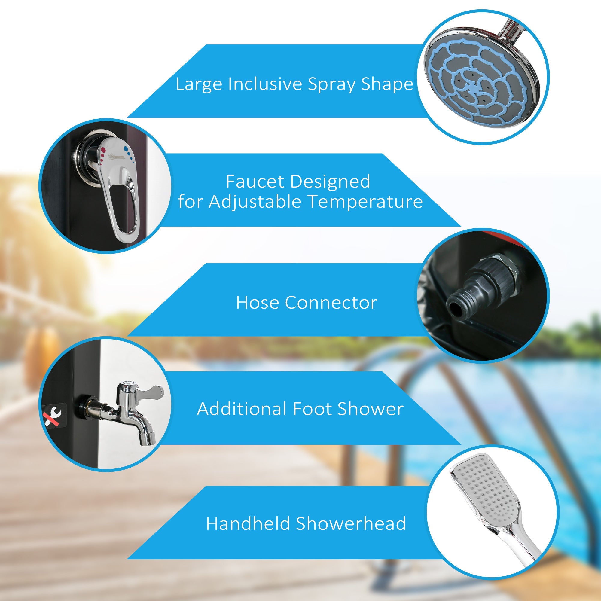 7' Outdoor Solar Heated Shower with 360 Rotating Rainfall & Handheld Shower Head, Foot Shower Faucet, Temperature and Pressure Adjustable, Holds 9.2 Gallons for Backyard Pool TryTrendly