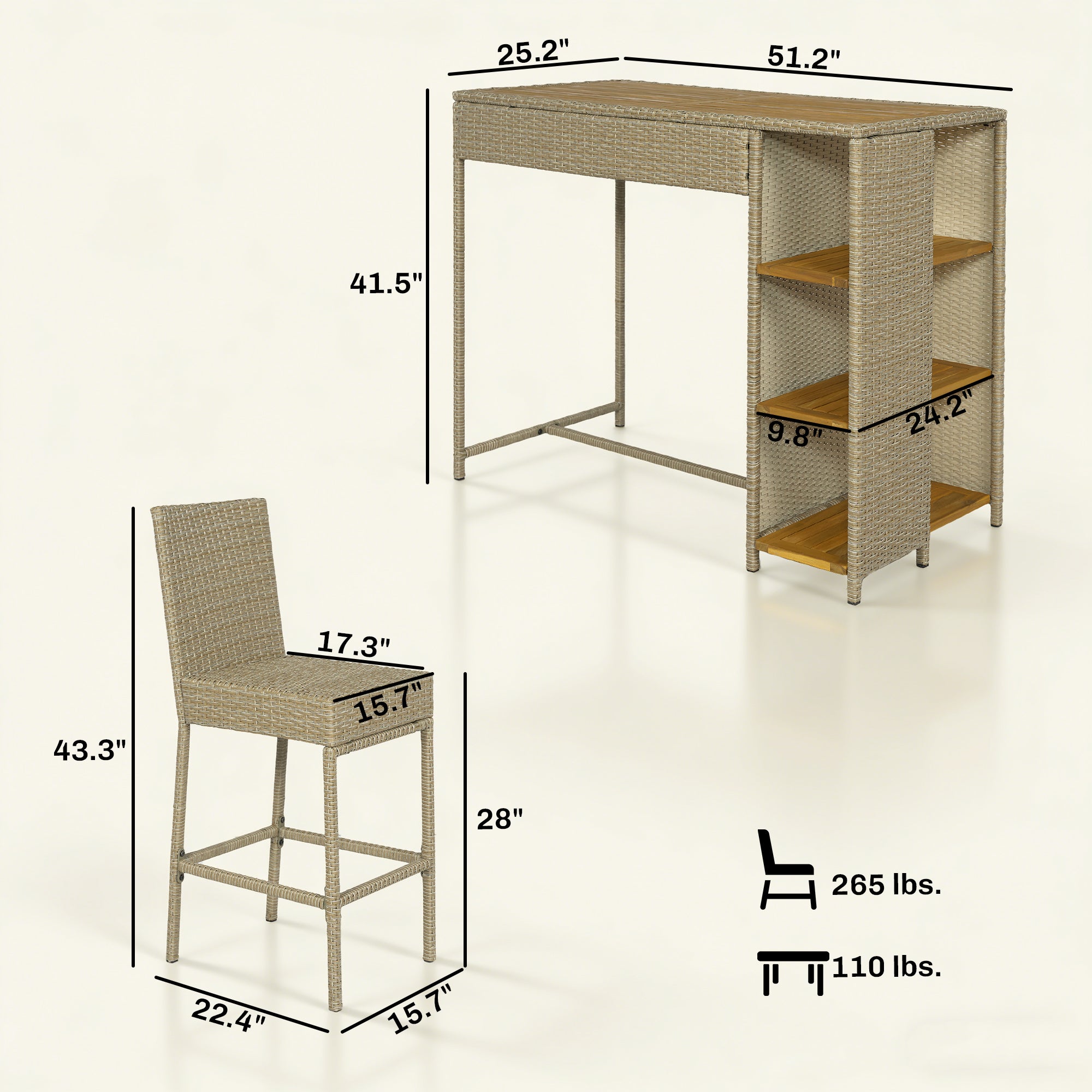 5 Piece Wicker Outdoor Bar Set, Acacia Wood Outdoor High Top Table and Chairs with 3 Tier Shelves, Cushions, Brown TryTrendly
