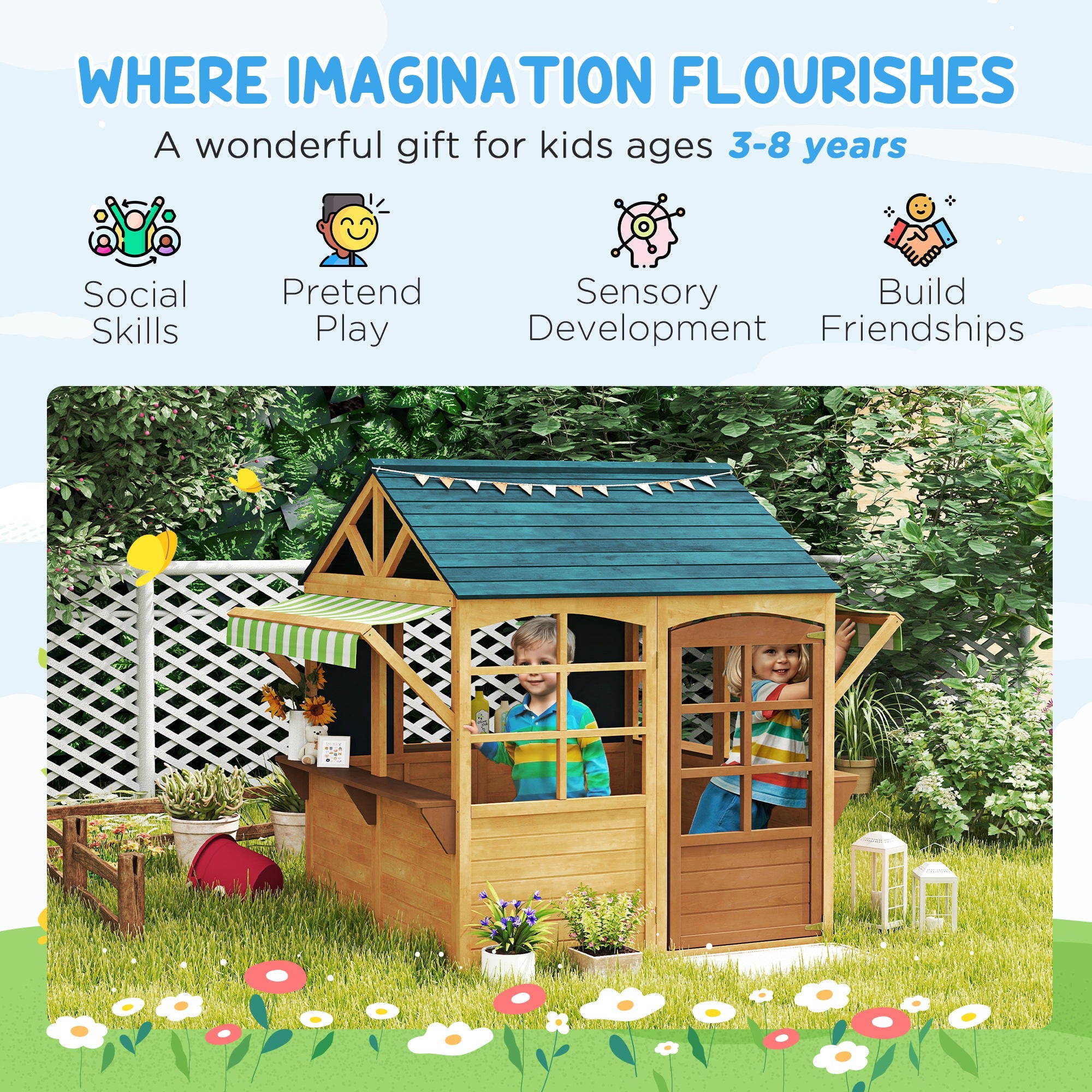 Wooden Outdoor Playhouse, Foldable Kids Cottage with Windows, Working Door, Snack Bars, Waterproof Covers, for 3-8 Years TryTrendly