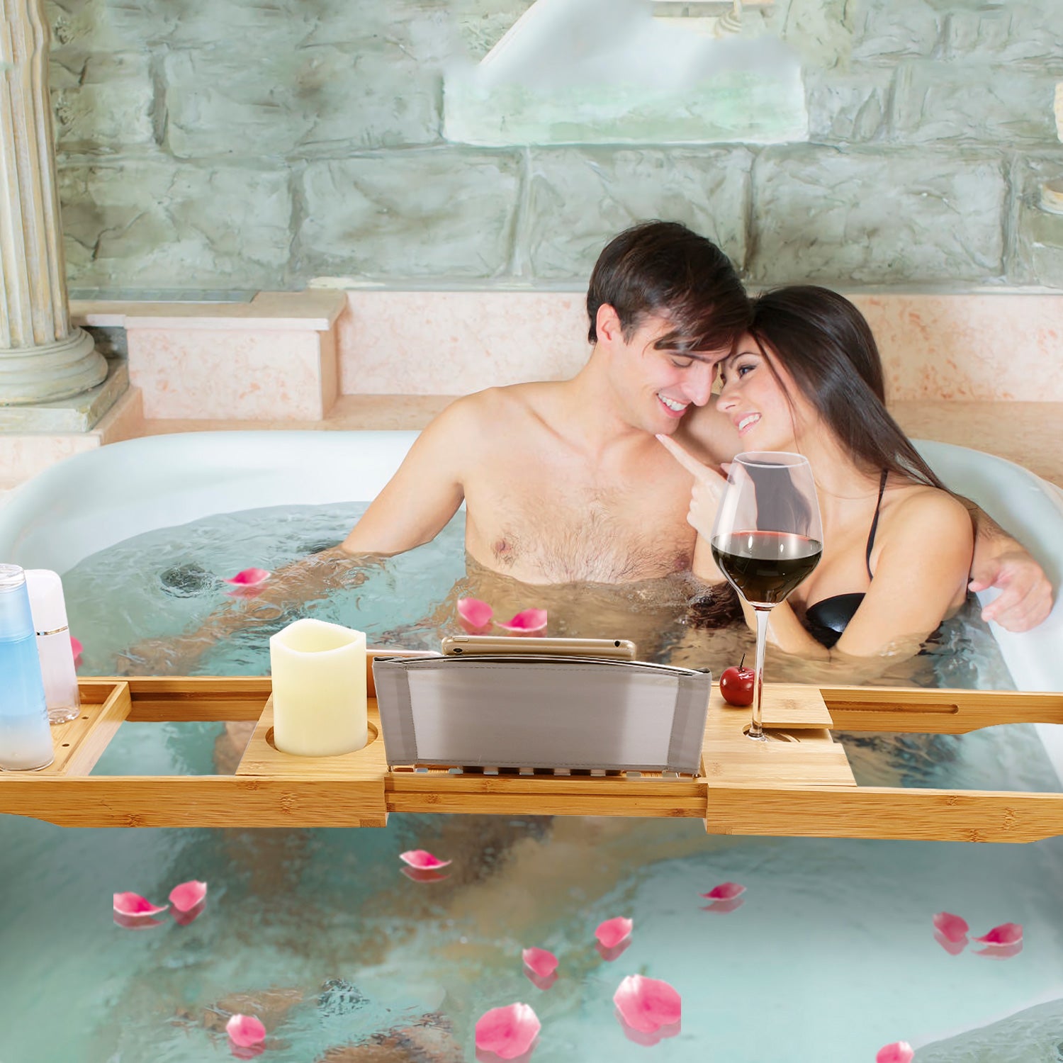 1Pc Bathtub Caddy Tray Crafted Bamboo Bath Tray Table Extendable Reading Rack Tablet Phone Holder Wine Glass Holder Shelf Desk Bathroom Spa TryTrendly