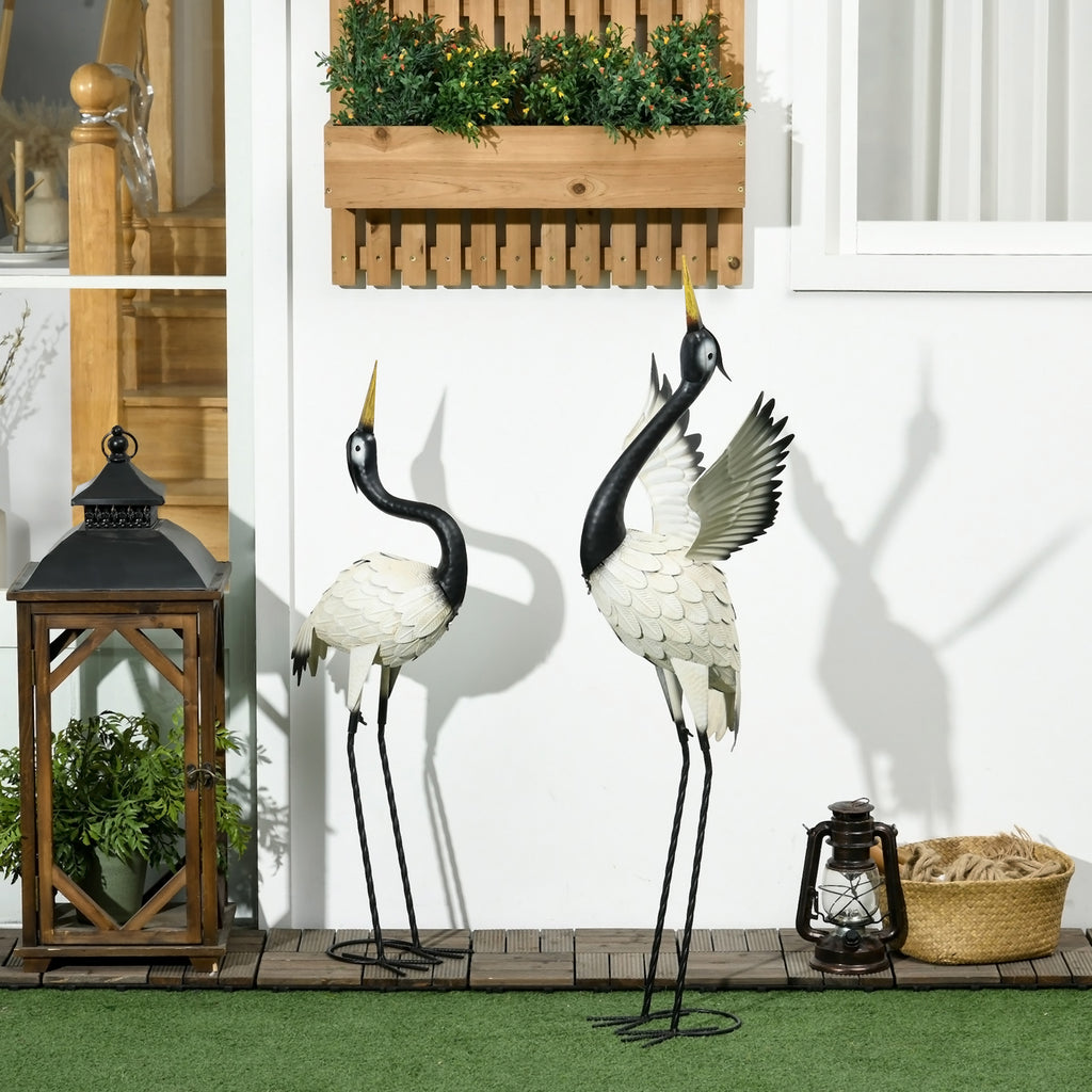 Set of 2 Garden Sculptures, Heron Garden Statues for Lawn, Patio, Backyard Decoration, 35.5" & 40.5", White & Black cjdropshipping