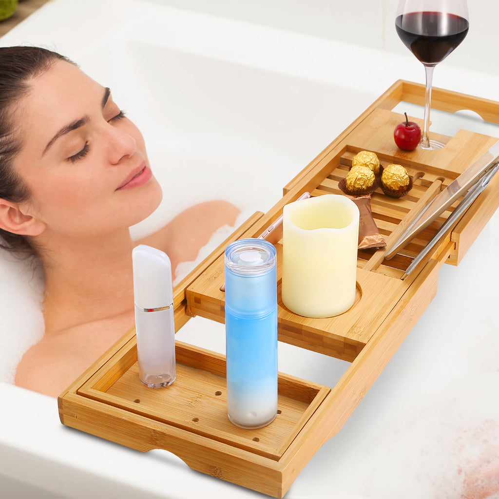 1Pc Bathtub Caddy Tray Crafted Bamboo Bath Tray Table Extendable Reading Rack Tablet Phone Holder Wine Glass Holder Shelf Desk Bathroom Spa TryTrendly