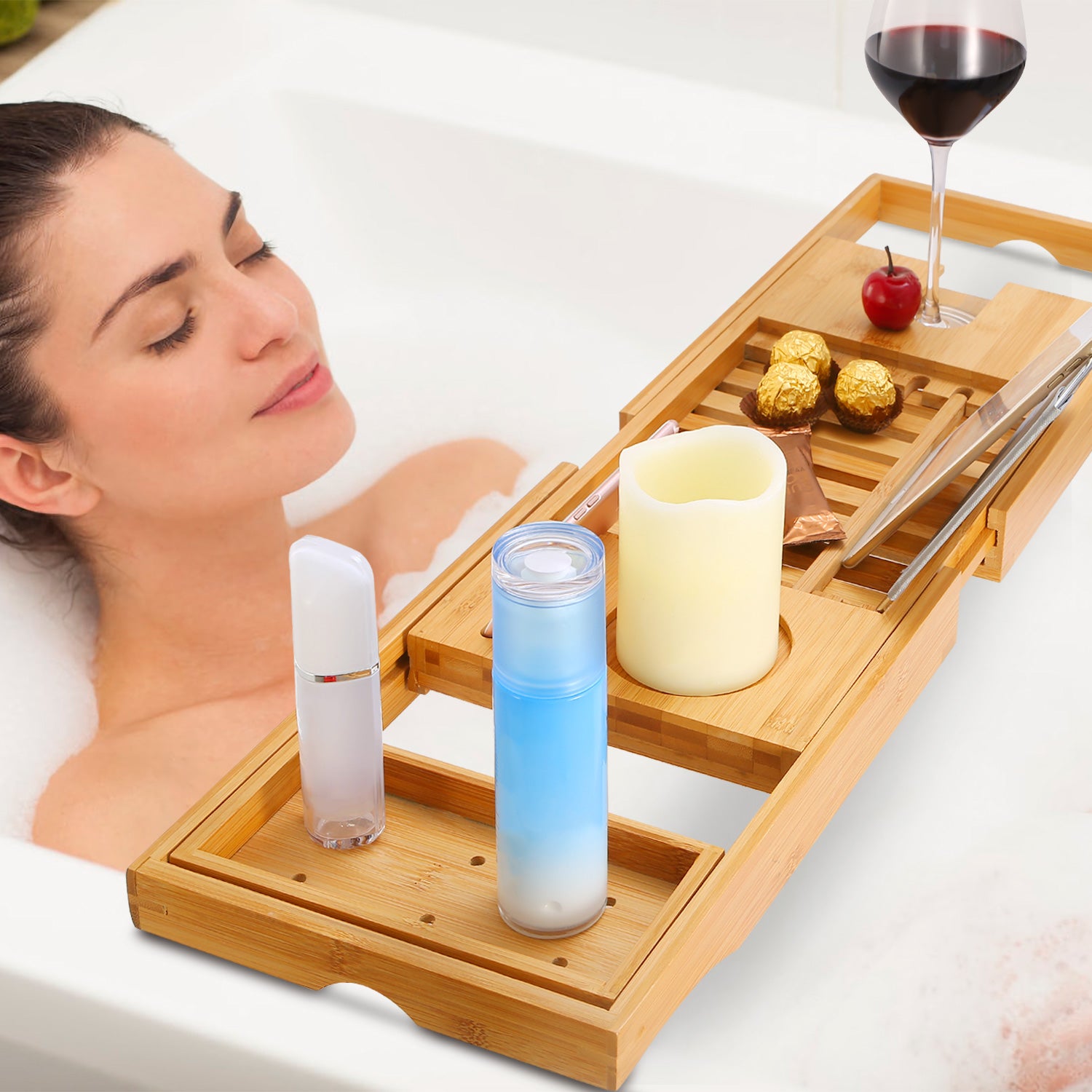 1Pc Bathtub Caddy Tray Crafted Bamboo Bath Tray Table Extendable Reading Rack Tablet Phone Holder Wine Glass Holder Shelf Desk Bathroom Spa TryTrendly
