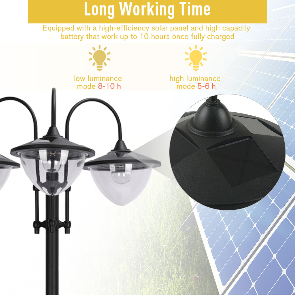 74.5" 3-head Solar Lamp Post Street Light with Planter, Solar Pole Lights Outdoor Waterproof LED Lighting for Backyard Pathway Patio Lawn Driveway Decor, Black TryTrendly