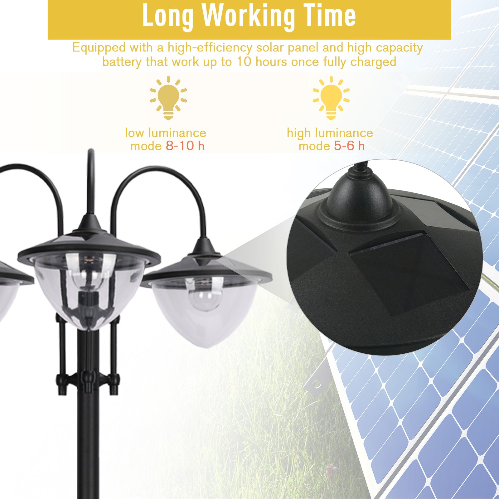 74.5" 3-head Solar Lamp Post Street Light with Planter, Solar Pole Lights Outdoor Waterproof LED Lighting for Backyard Pathway Patio Lawn Driveway Decor, Black TryTrendly