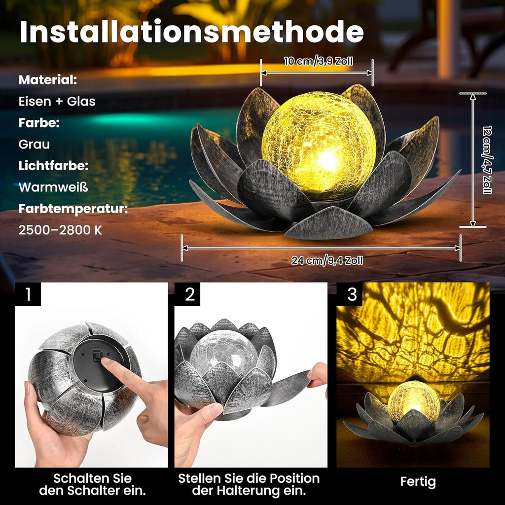 GIGALUMI Solar Lotus Flower Glass Lantern – Grey