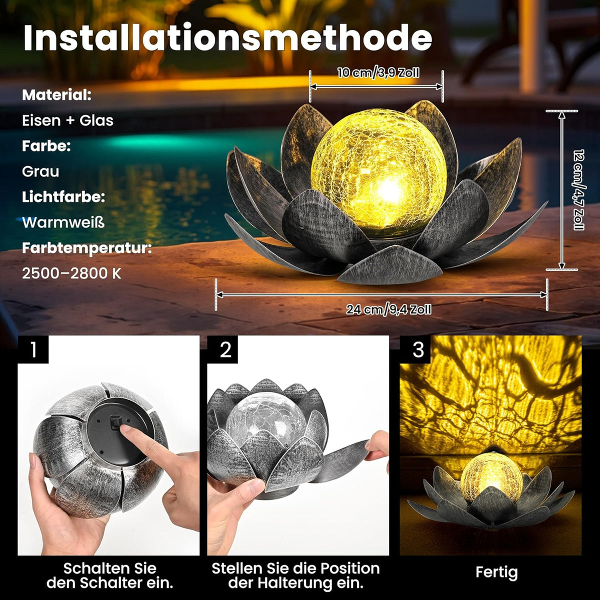 GIGALUMI Solar Lotus Flower Glass Lantern – Grey
