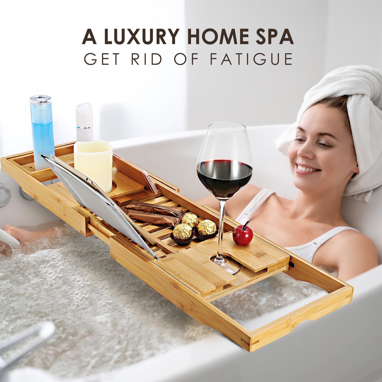 1Pc Bathtub Caddy Tray Crafted Bamboo Bath Tray Table Extendable Reading Rack Tablet Phone Holder Wine Glass Holder Shelf Desk Bathroom Spa TryTrendly