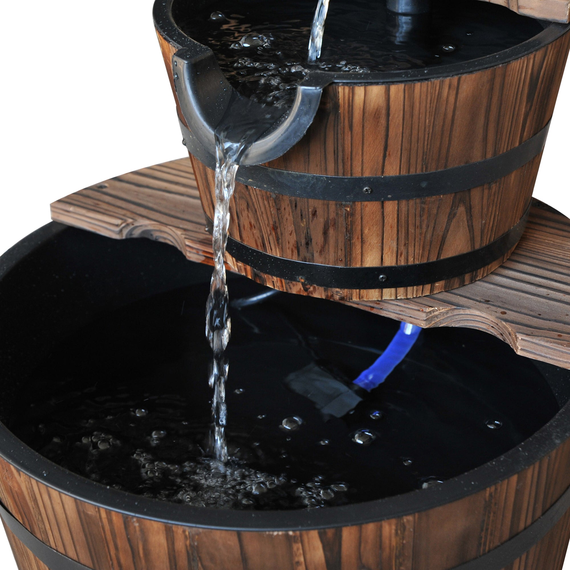 Wood Freestanding Fountain with 2 Tier Waterfall Barrel, Electric Pump for Garden Decor, Lawn, Backyard TryTrendly
