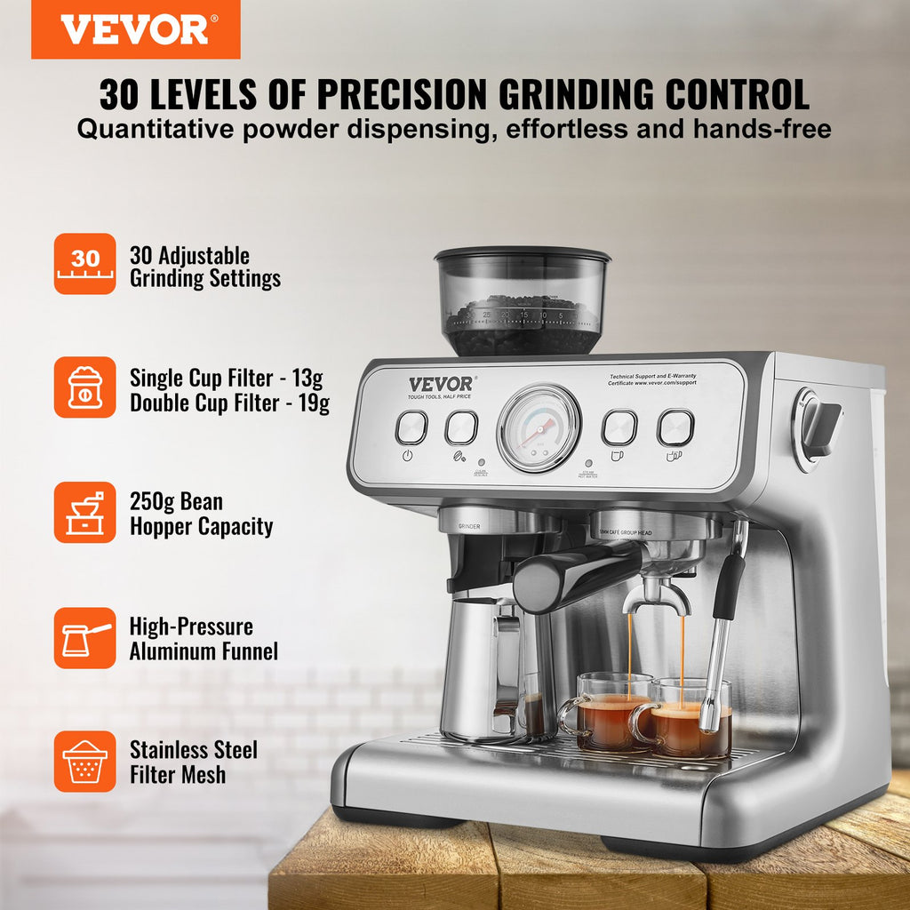 Espresso Machine With Grinder, 15 Bar Semi-Automatic Espresso Coffee Maker With Milk Frother Steam Wand, Removable Water Tank & Pressure Gauge For Cappuccino, Latte, Machiato, PID Control System TryTrendly