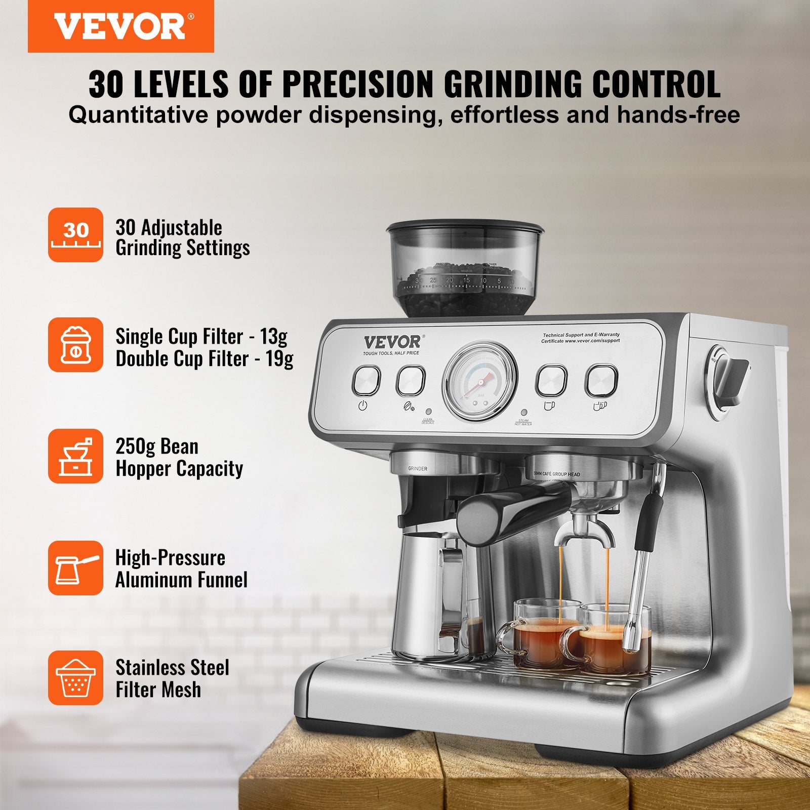 Espresso Machine With Grinder, 15 Bar Semi-Automatic Espresso Coffee Maker With Milk Frother Steam Wand, Removable Water Tank & Pressure Gauge For Cappuccino, Latte, Machiato, PID Control System TryTrendly