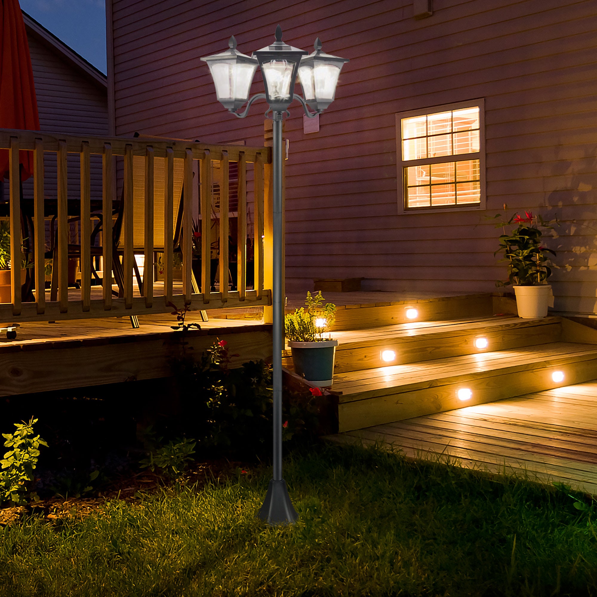 Outdoor Lamp Post Lights, Triple Head Solar Powered Lamp, Street Vintage Solar Post Lamp, for Backyard, Garden Pathway, Driveway, 72 Inches TryTrendly