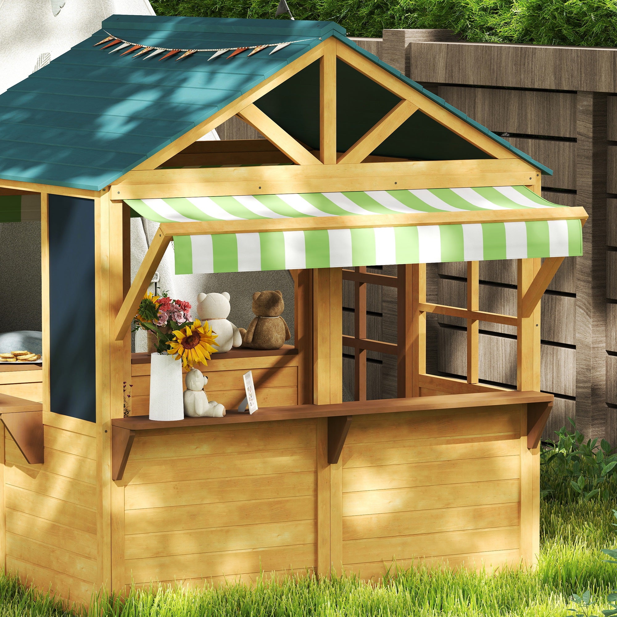 Wooden Outdoor Playhouse, Foldable Kids Cottage with Windows, Working Door, Snack Bars, Waterproof Covers, for 3-8 Years TryTrendly
