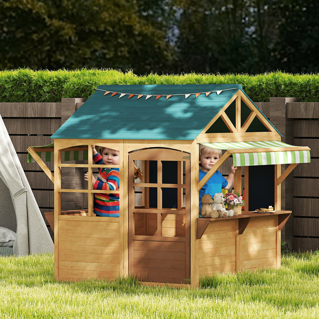 Wooden Outdoor Playhouse, Foldable Kids Cottage with Windows, Working Door, Snack Bars, Waterproof Covers, for 3-8 Years TryTrendly