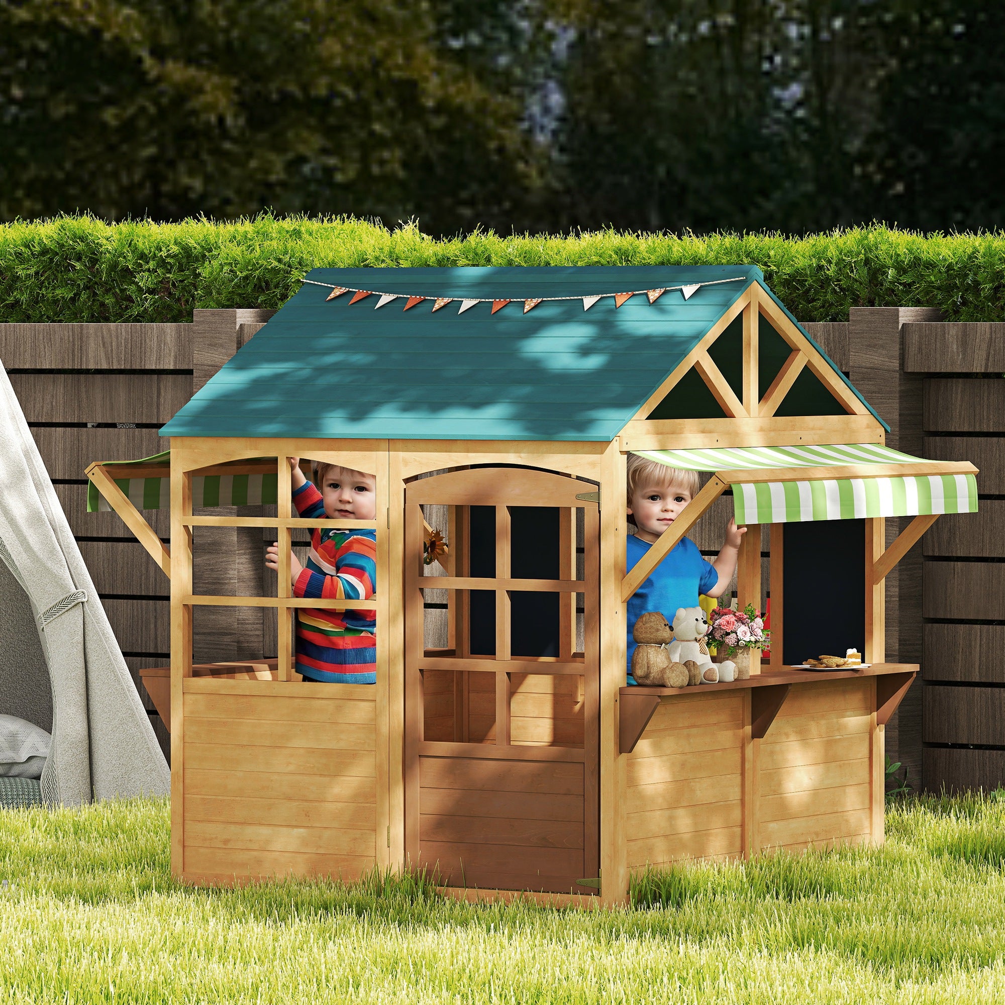 Wooden Outdoor Playhouse, Foldable Kids Cottage with Windows, Working Door, Snack Bars, Waterproof Covers, for 3-8 Years TryTrendly