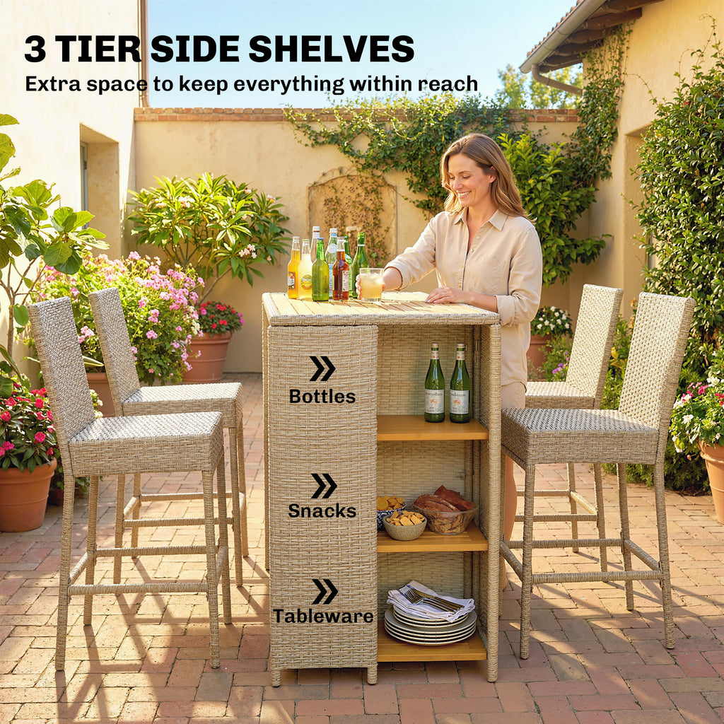 5 Piece Wicker Outdoor Bar Set, Acacia Wood Outdoor High Top Table and Chairs with 3 Tier Shelves, Cushions, Brown TryTrendly
