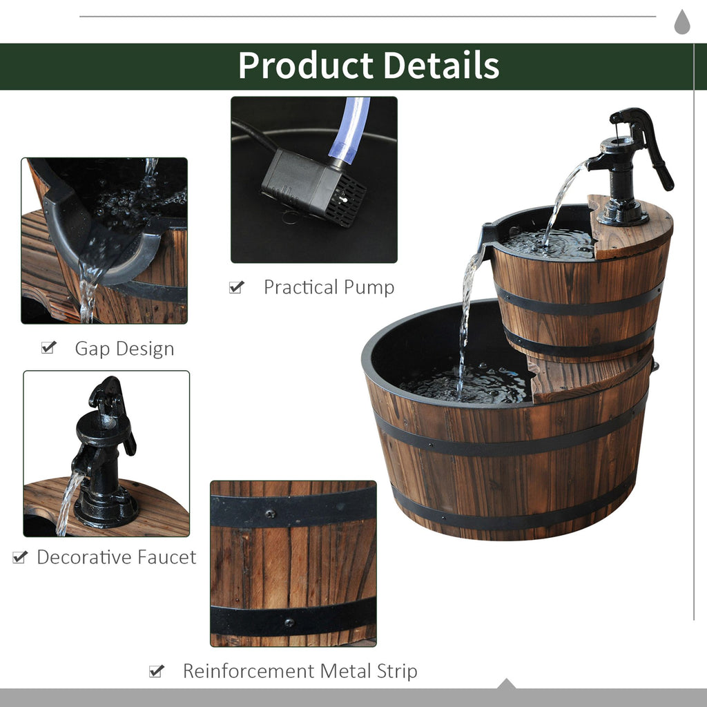 Wood Freestanding Fountain with 2 Tier Waterfall Barrel, Electric Pump for Garden Decor, Lawn, Backyard TryTrendly