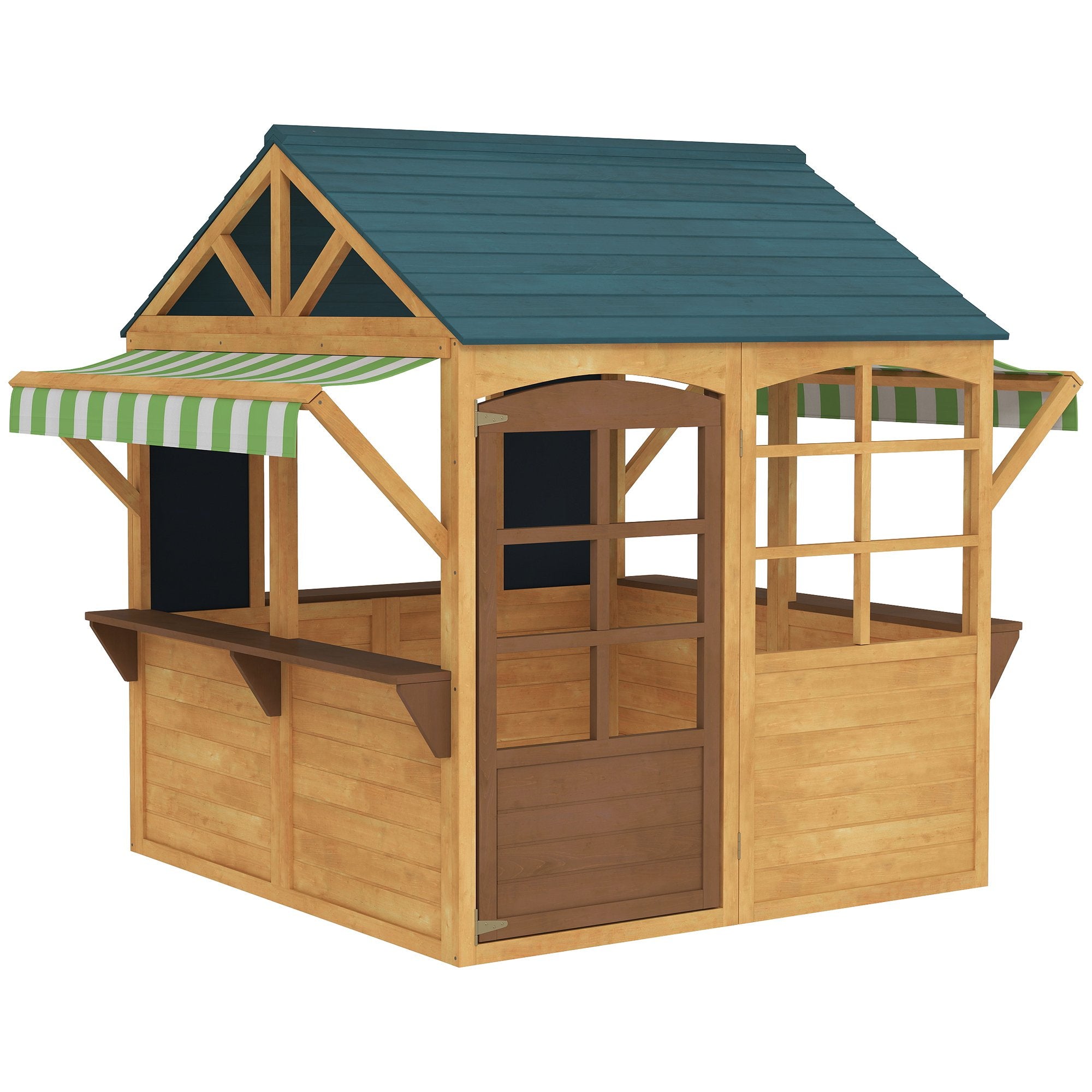 Wooden Outdoor Playhouse, Foldable Kids Cottage with Windows, Working Door, Snack Bars, Waterproof Covers, for 3-8 Years TryTrendly