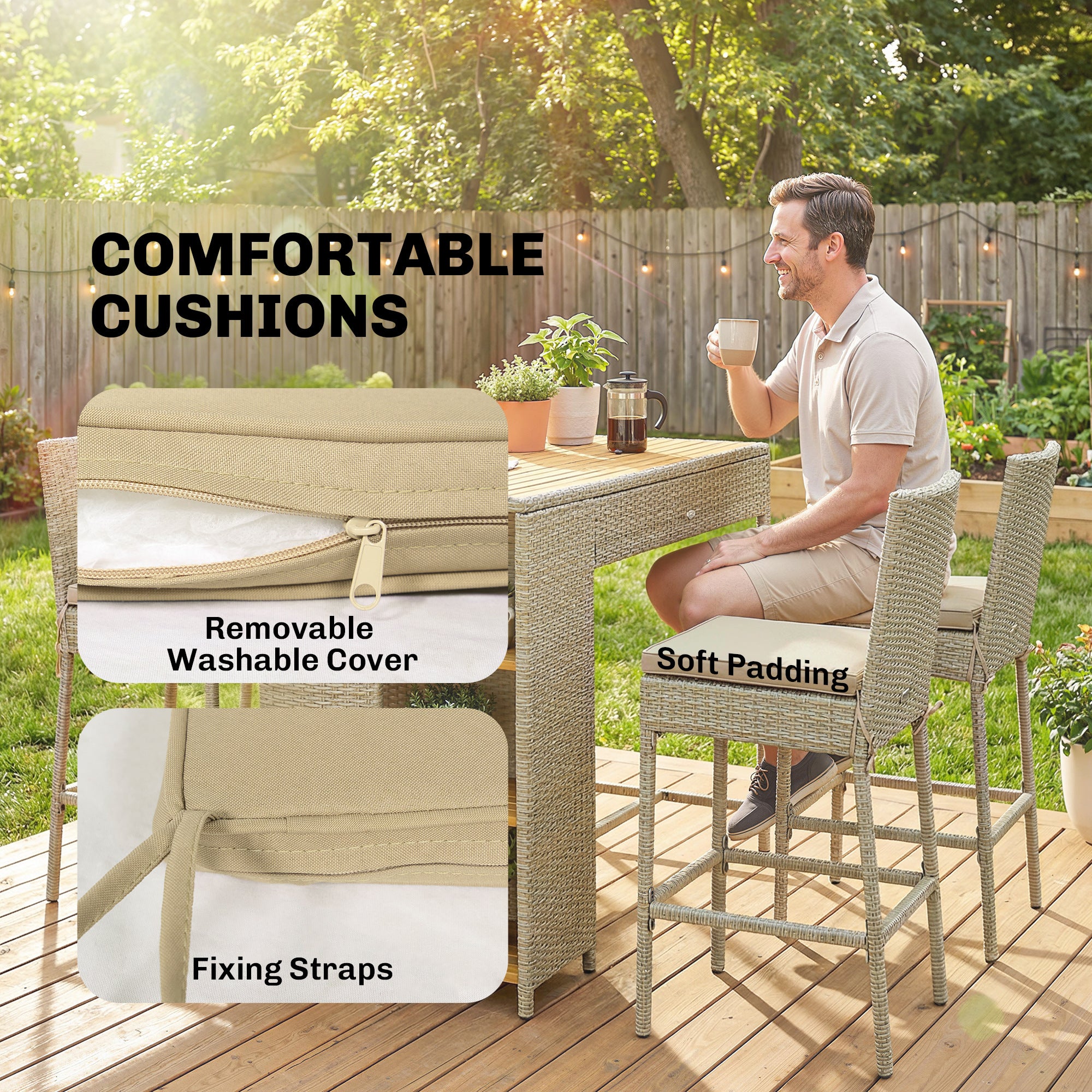 5 Piece Wicker Outdoor Bar Set, Acacia Wood Outdoor High Top Table and Chairs with 3 Tier Shelves, Cushions, Brown TryTrendly