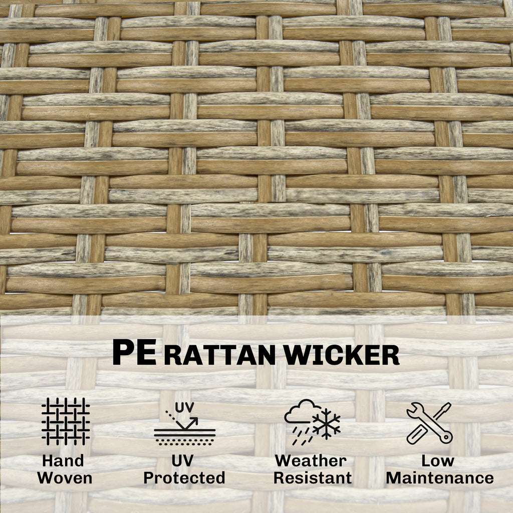 5 Piece Wicker Outdoor Bar Set, Acacia Wood Outdoor High Top Table and Chairs with 3 Tier Shelves, Cushions, Brown TryTrendly