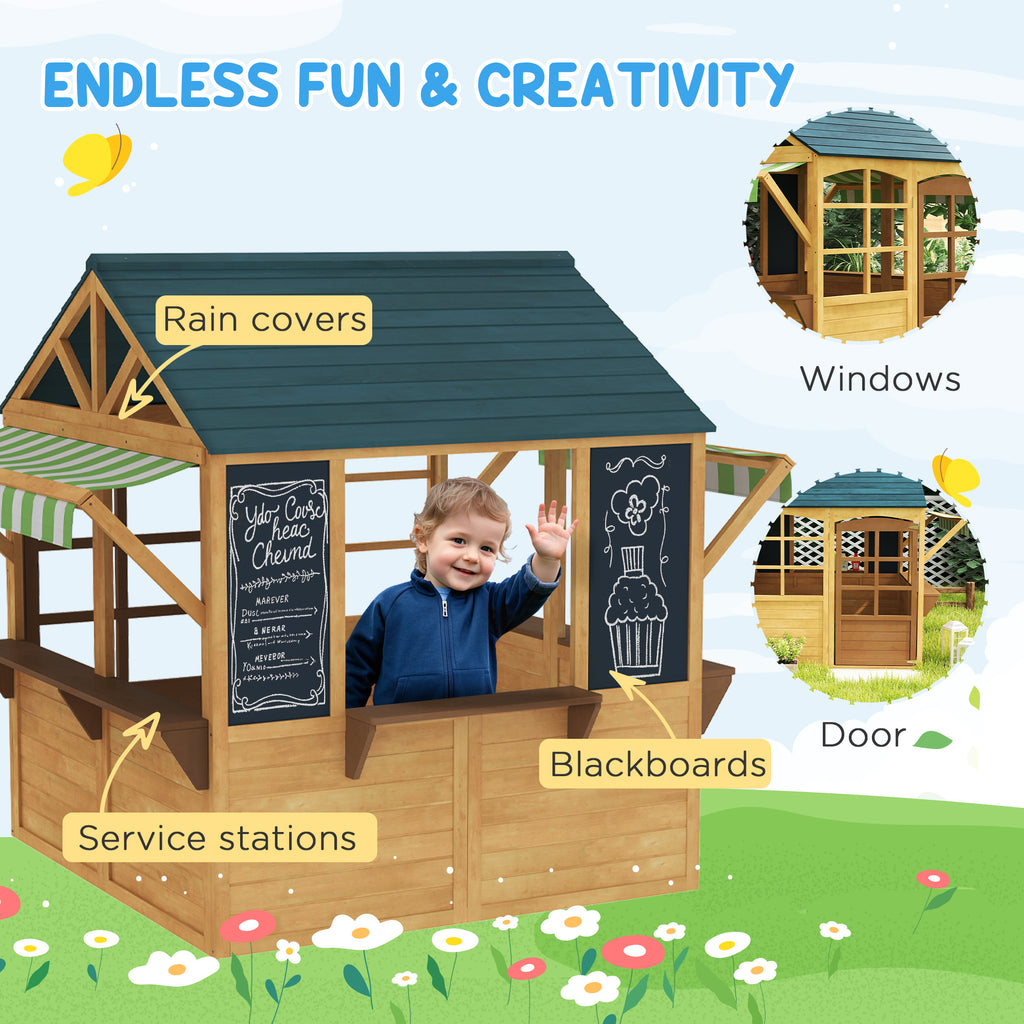 Wooden Outdoor Playhouse, Foldable Kids Cottage with Windows, Working Door, Snack Bars, Waterproof Covers, for 3-8 Years TryTrendly