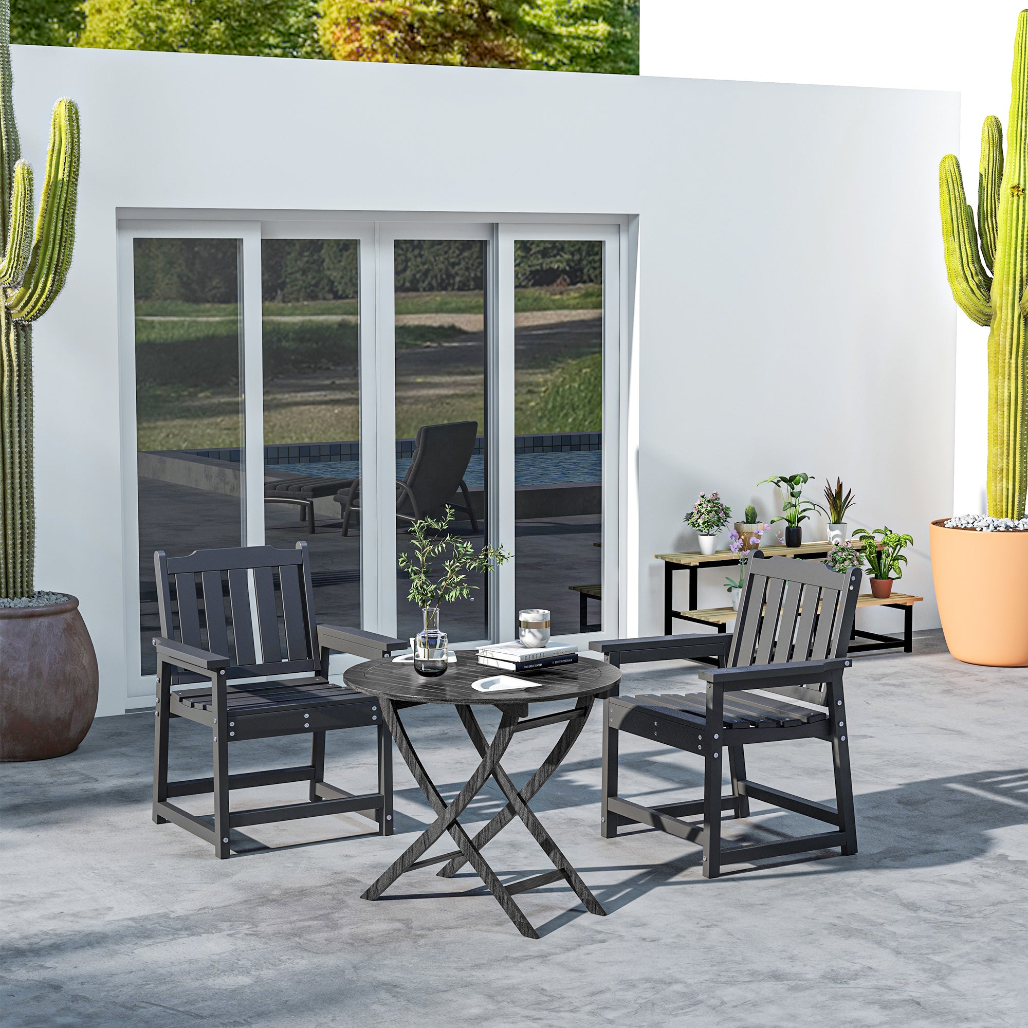 2 Piece All-Weather Patio Chairs, HDPE Patio Dining Chair Set, Heavy Duty Wood-Like Outdoor Furniture, Black TryTrendly