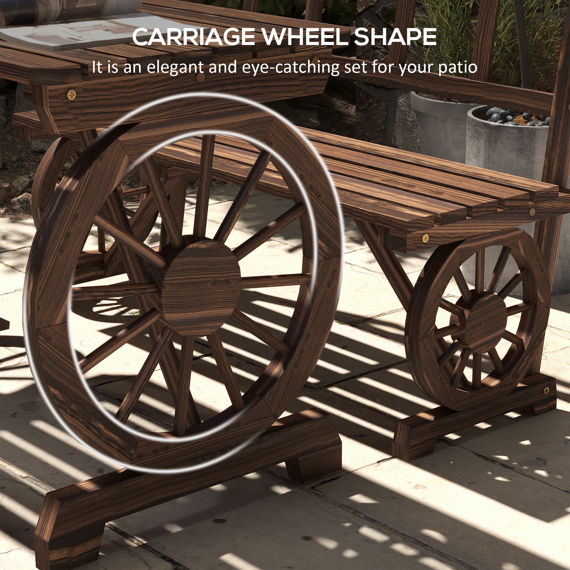 Patio Table and Chairs for 4 People, Wagon Wheel Design, Outdoor Furniture Set for Backyard, Garden, Carbonized cjdropshipping
