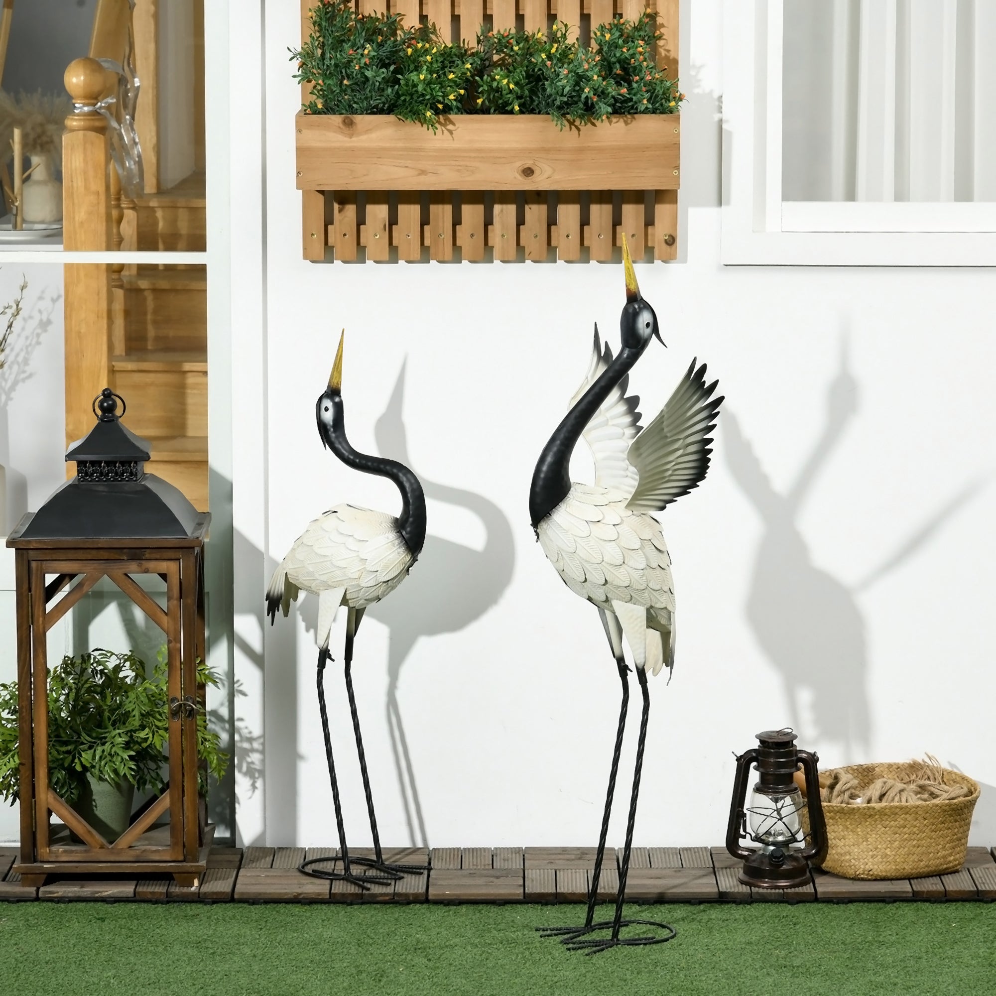 Set of 2 Garden Sculptures, Heron Garden Statues for Lawn, Patio, Backyard Decoration, 35.5" & 40.5", White & Black cjdropshipping