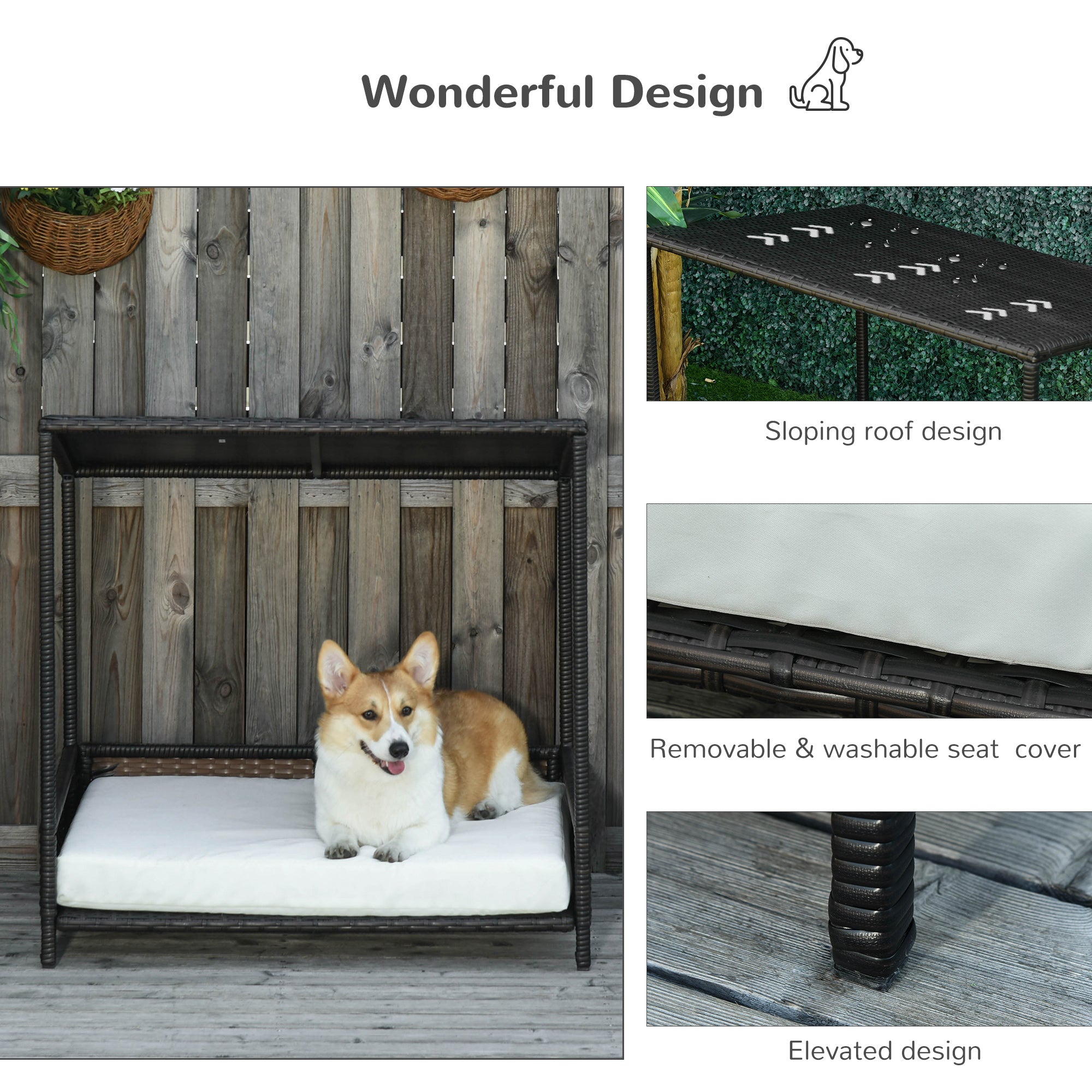 Wicker Dog House Raised Rattan Puppy Bed Cat Shelter for Indoor Outdoor Garden Patio Pet Sofa with Removable Cushion for Medium Sized Pet Brown cjdropshipping