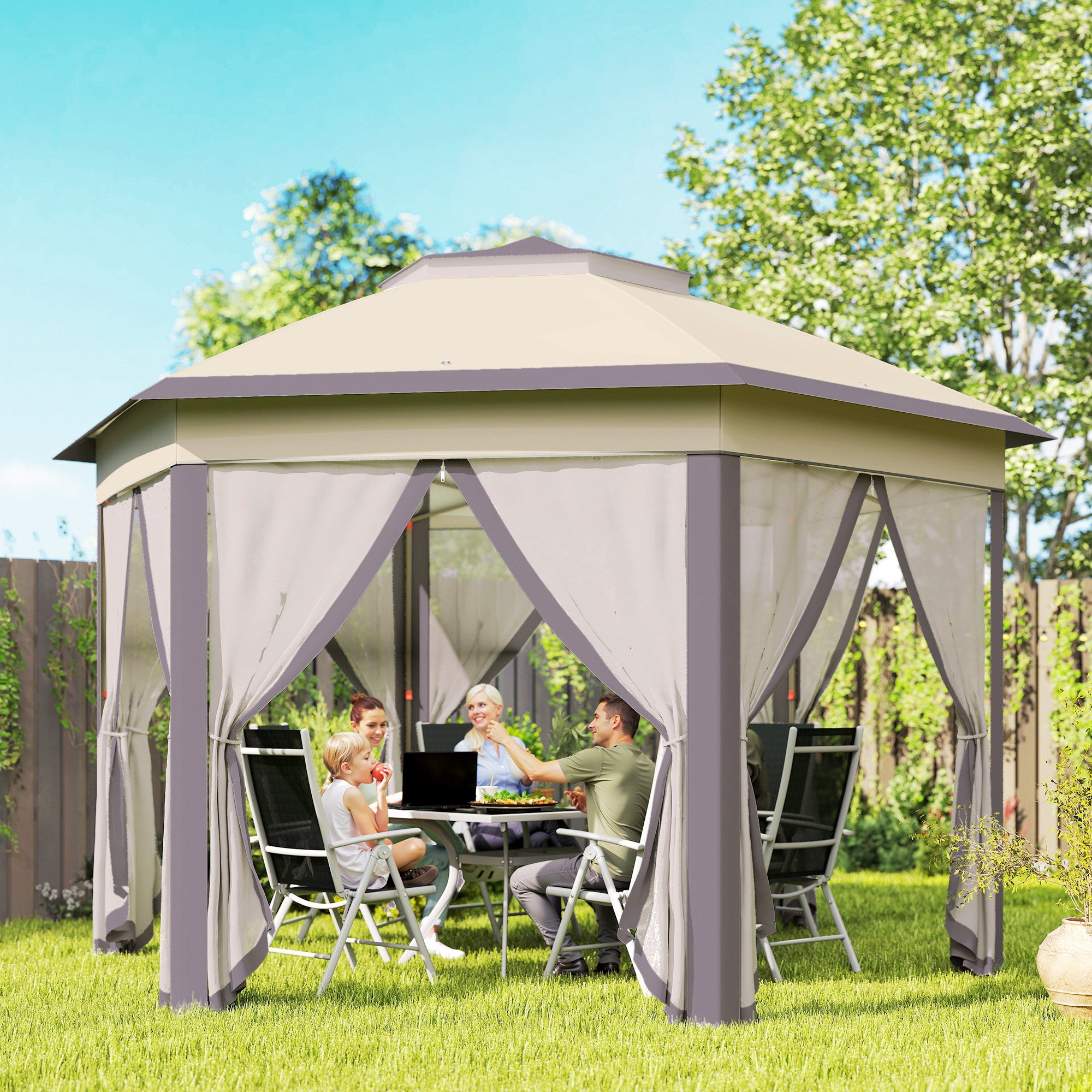 13' x 13' Pop Up Gazebo Hexagonal Canopy Shelter with 6 Zippered Mesh Netting for Patio Backyard Garden Wedding Party TryTrendly