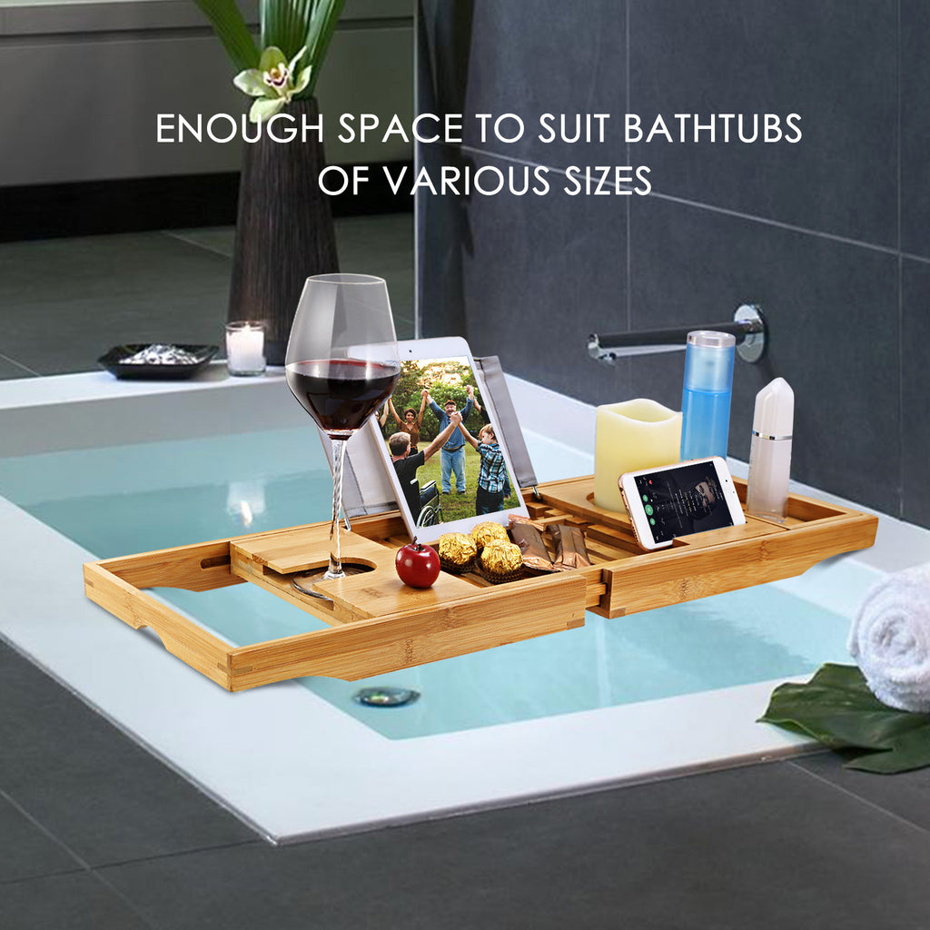 1Pc Bathtub Caddy Tray Crafted Bamboo Bath Tray Table Extendable Reading Rack Tablet Phone Holder Wine Glass Holder Shelf Desk Bathroom Spa TryTrendly
