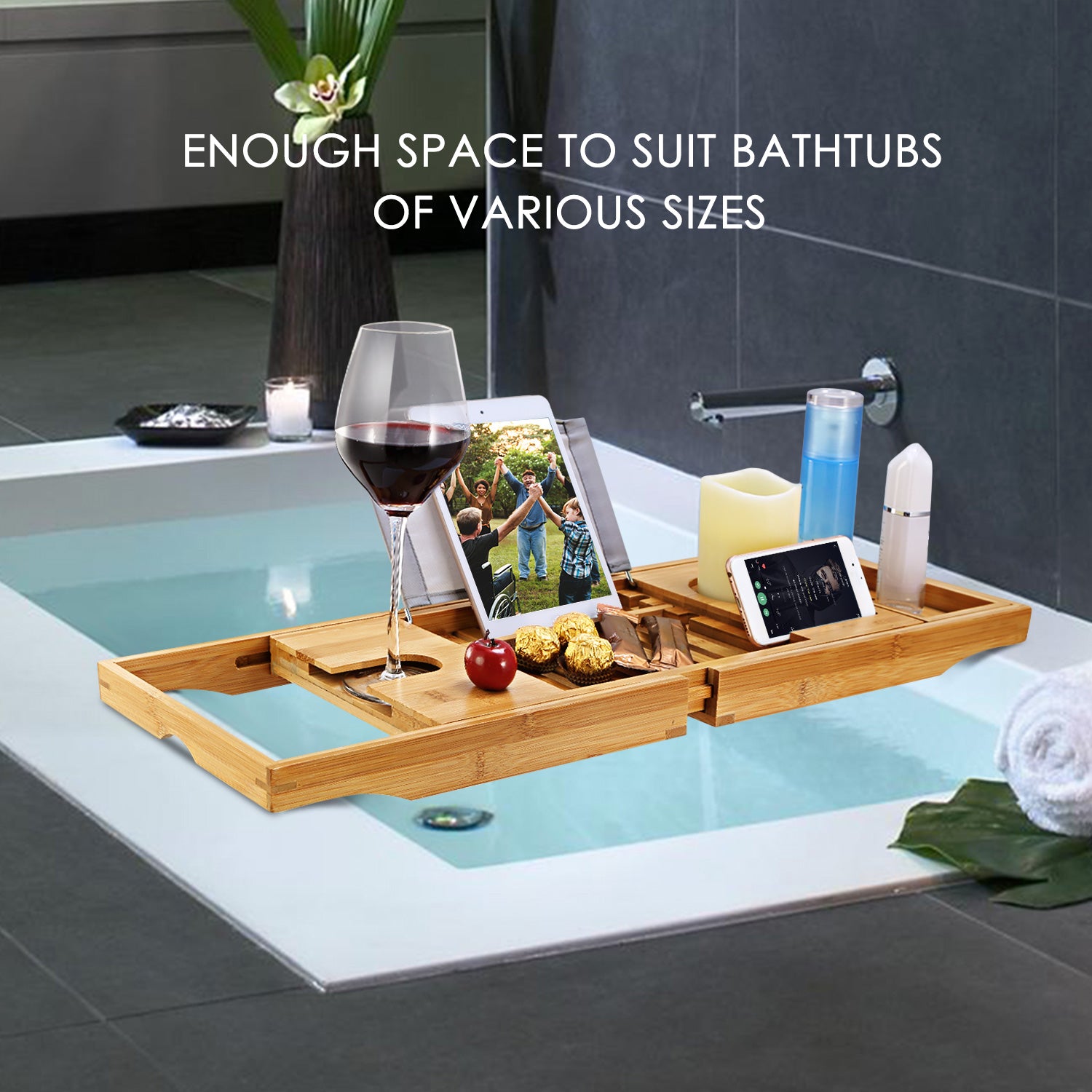 1Pc Bathtub Caddy Tray Crafted Bamboo Bath Tray Table Extendable Reading Rack Tablet Phone Holder Wine Glass Holder Shelf Desk Bathroom Spa TryTrendly