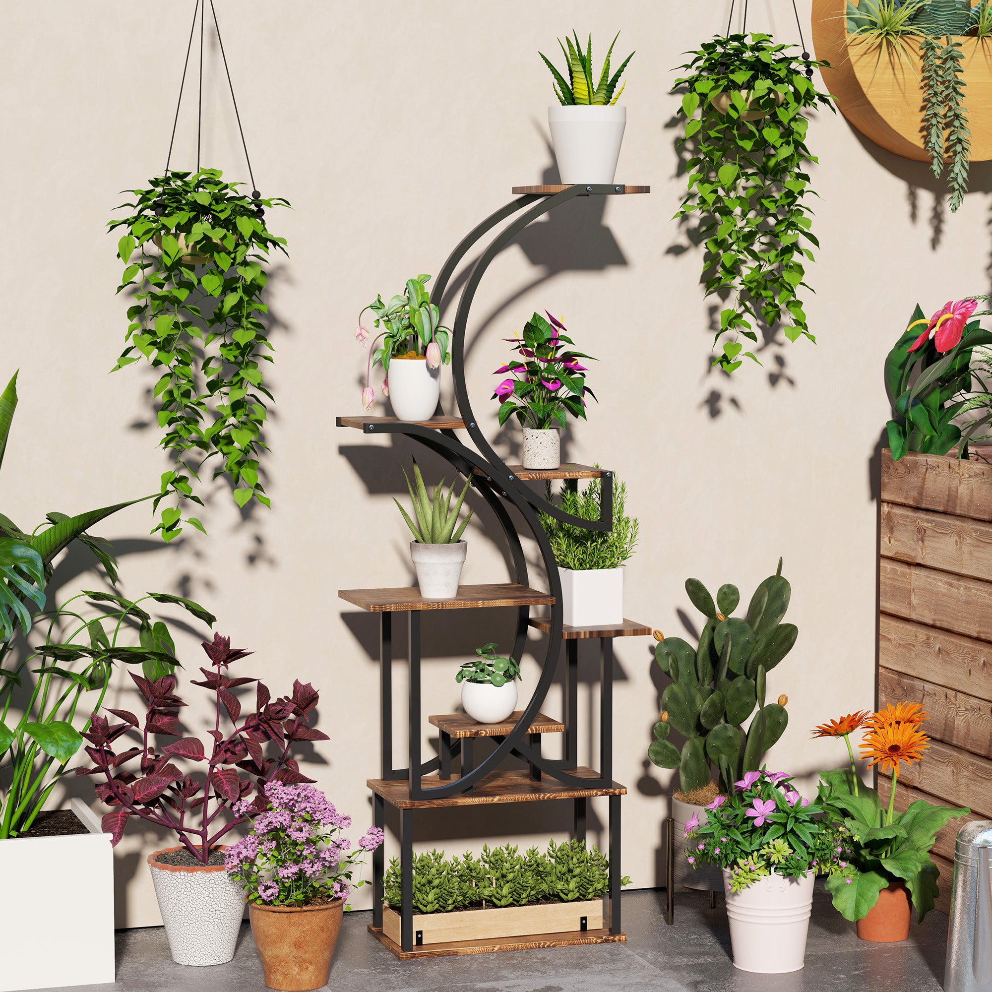 Plant Stand Indoor, 8 Tier 62" S-Shaped Plant Shelf, Corner Plant Rack for Multiple Plants, Carbonised Finish TryTrendly