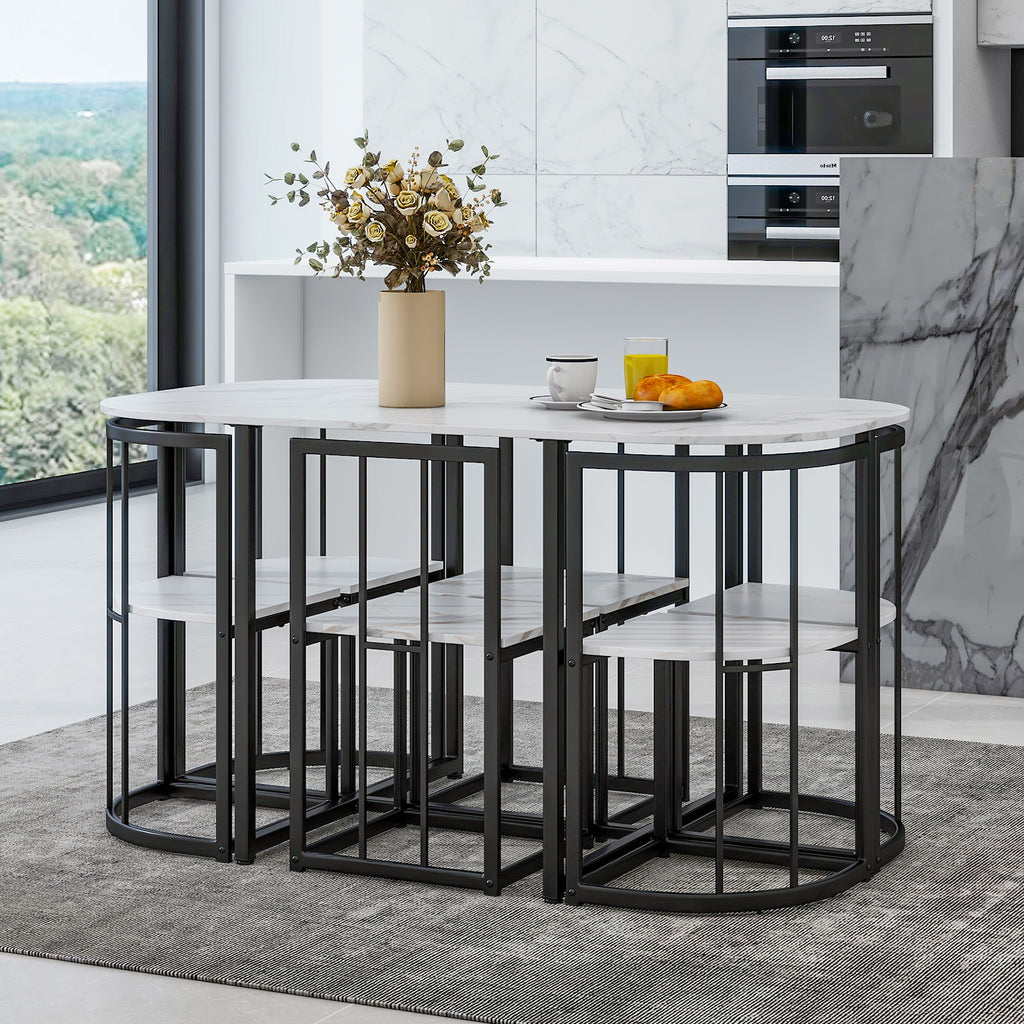 TOPMAx Modern 7- Piece Dining Table Set With Faux Marble Compact 55Inch Kitchen Table Set For 6  Black White Topmax