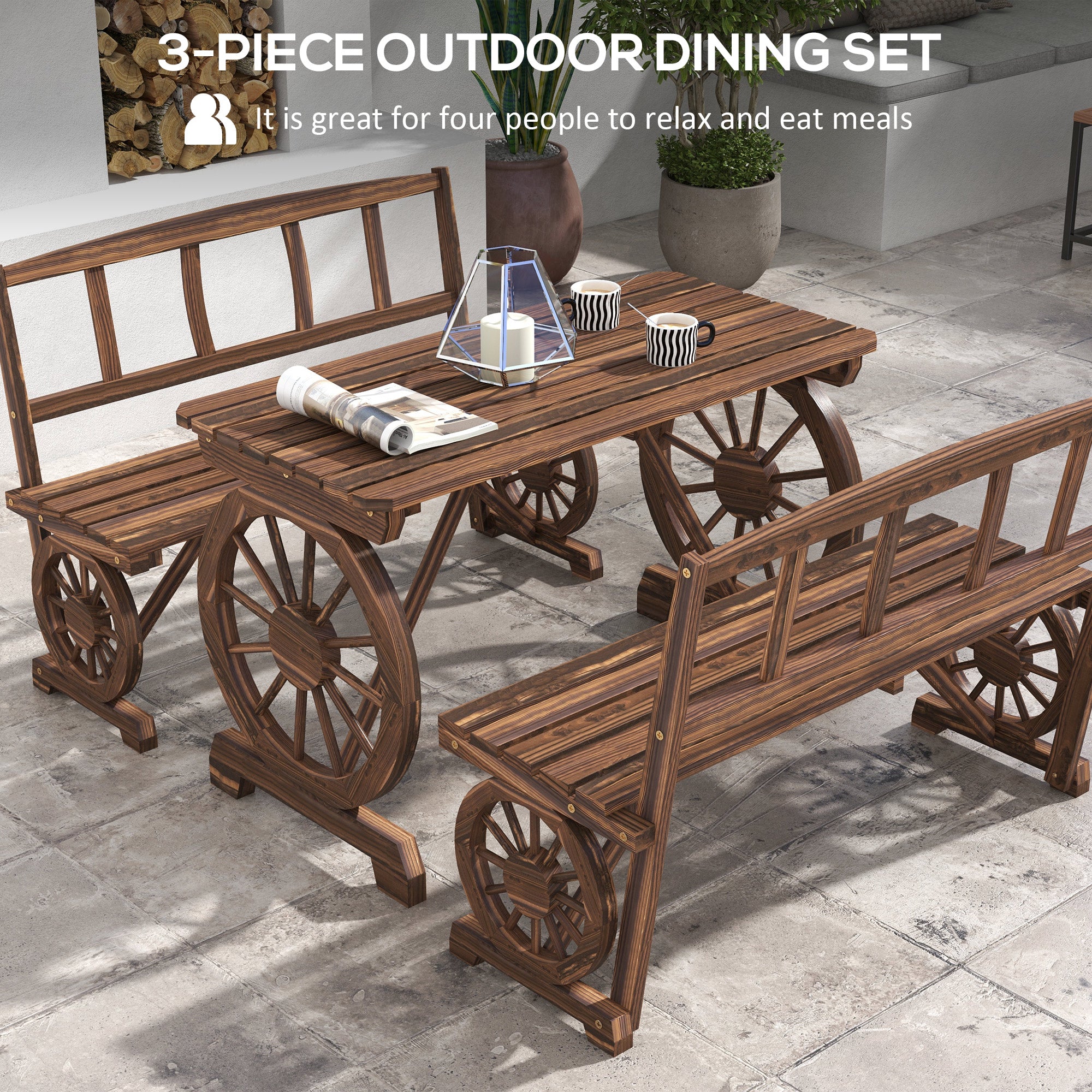 Patio Table and Chairs for 4 People, Wagon Wheel Design, Outdoor Furniture Set for Backyard, Garden, Carbonized cjdropshipping