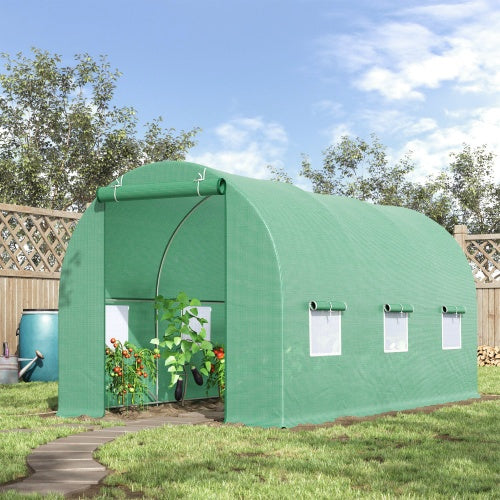 Outsunny 15X 6 X 7 Walk-in Tunnel Greenhouse Garden Plant Growing House With Door And Ventilation Window, Green TryTrendly