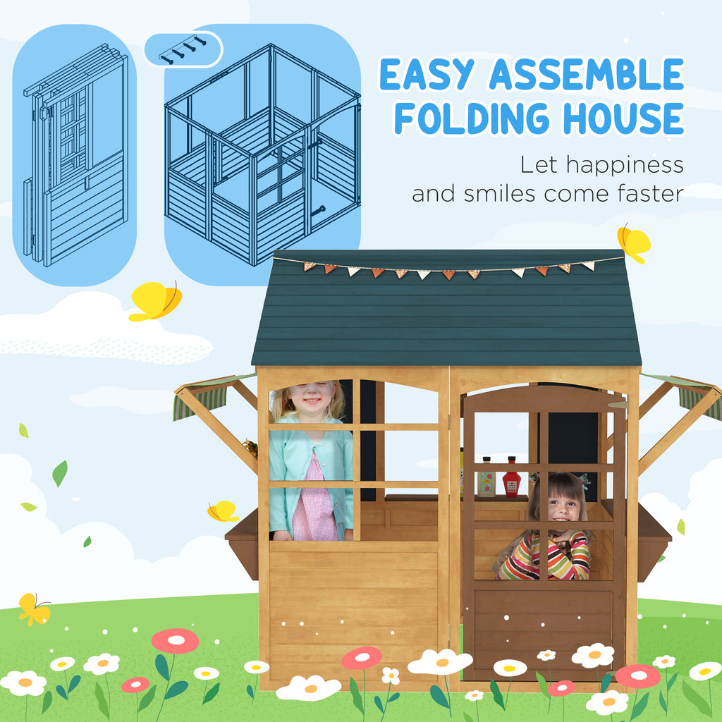 Wooden Outdoor Playhouse, Foldable Kids Cottage with Windows, Working Door, Snack Bars, Waterproof Covers, for 3-8 Years TryTrendly