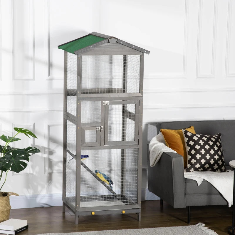 Wooden Bird Cage Outdoor Aviary House For Parrot, Parakeet, With Pull Out Tray And 2 Doors, Grey TryTrendly
