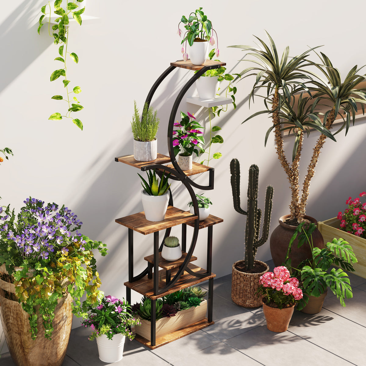 Plant Stand Indoor, 8 Tier 62" S-Shaped Plant Shelf, Corner Plant Rack for Multiple Plants, Carbonised Finish TryTrendly