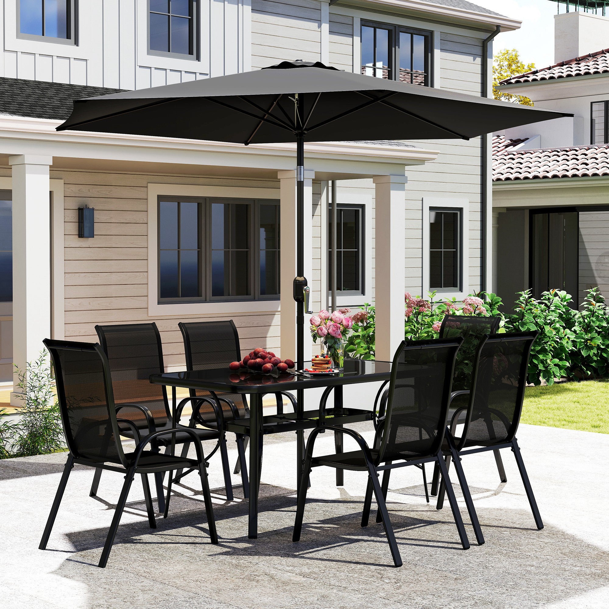 8 Pieces Patio Furniture Set with 9Ft Patio Umbrella, Outdoor Dining Table and Chairs, Black TryTrendly
